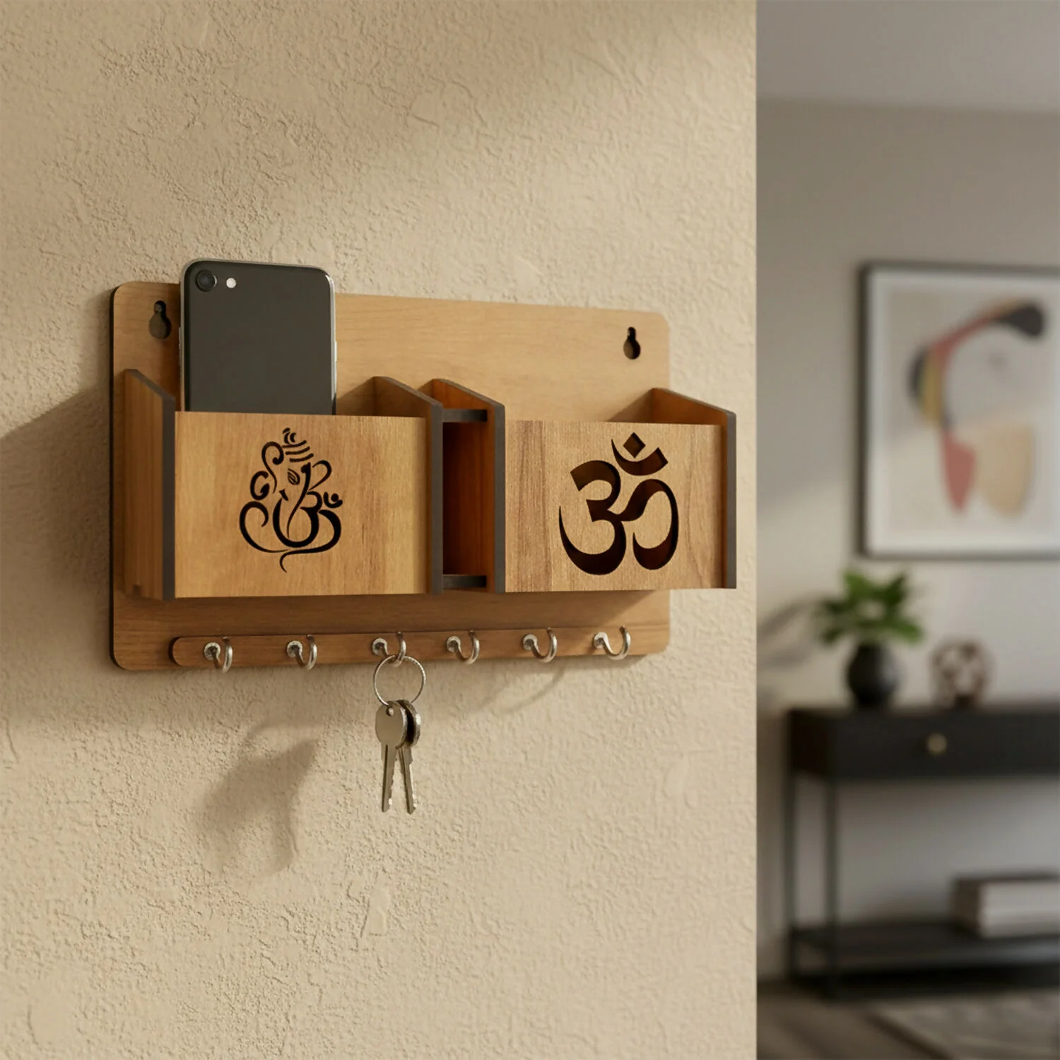 Wooden Wall Mounted Key Holder with Mobile Stand - Image 3
