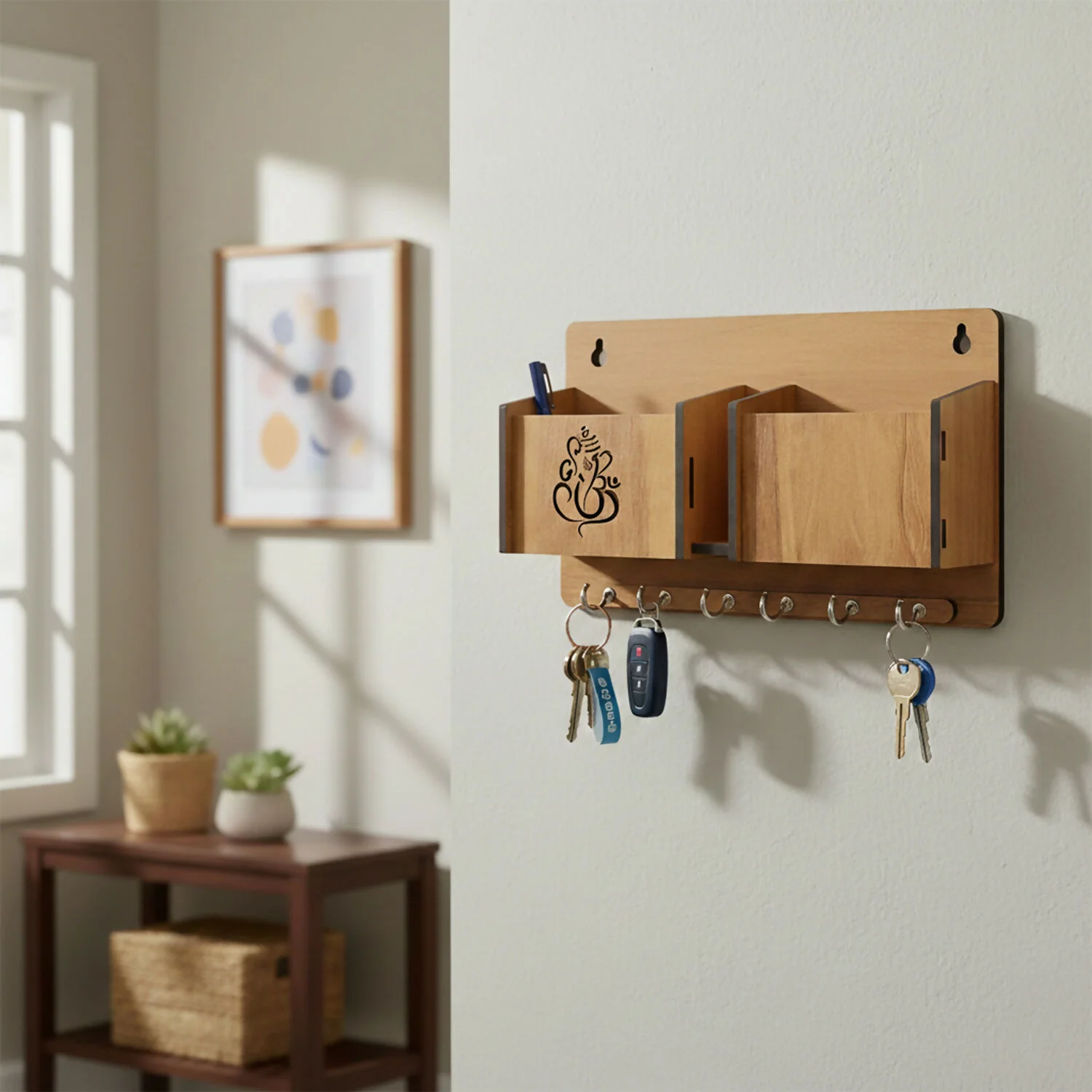 Wooden Wall Mounted Key Holder with Mobile Stand - Image 4