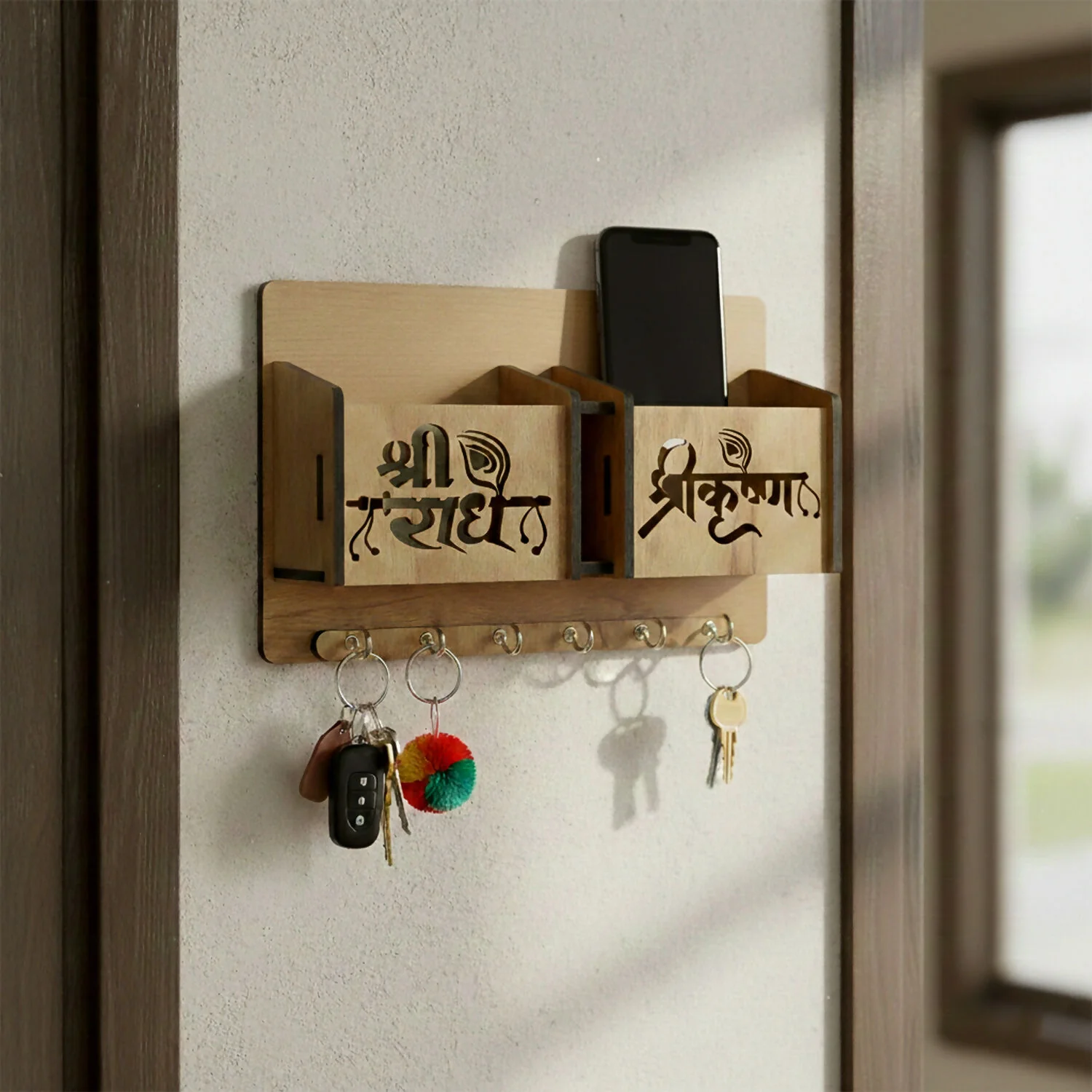 Wooden Wall Mounted Key Holder with Mobile Stand & 6 Hooks - Image 2