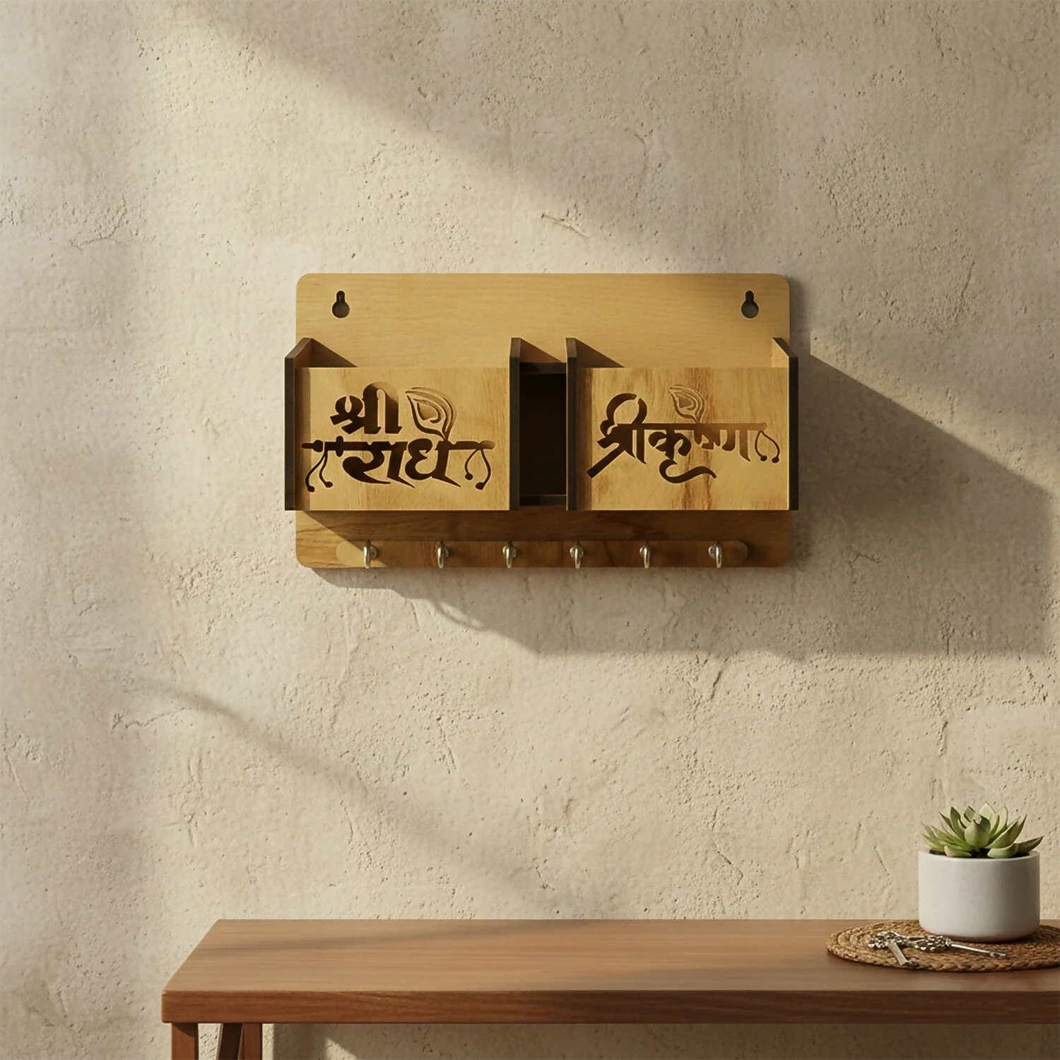 Wooden Wall Mounted Key Holder with Mobile Stand & 6 Hooks - Image 3