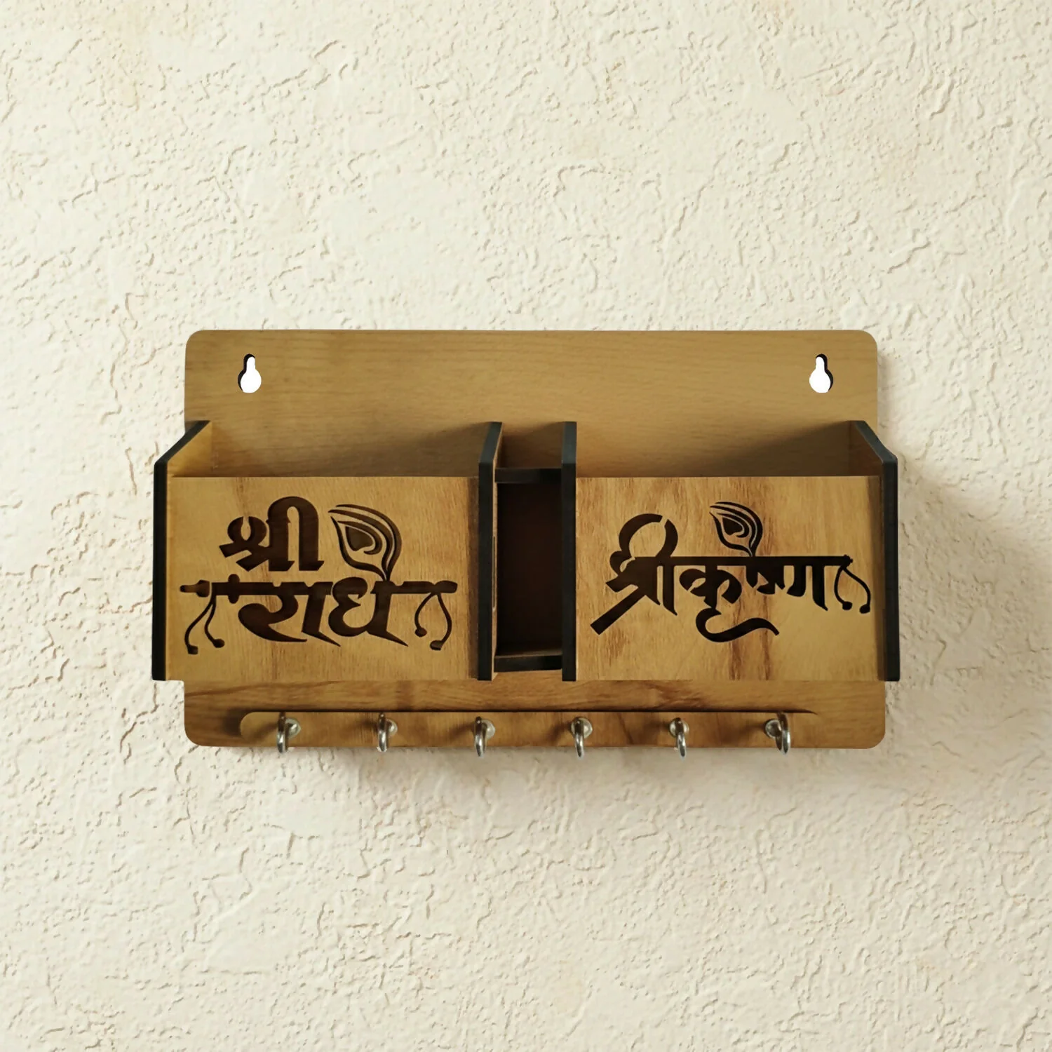 Wooden Wall Mounted Key Holder with Mobile Stand & 6 Hooks - Image 4