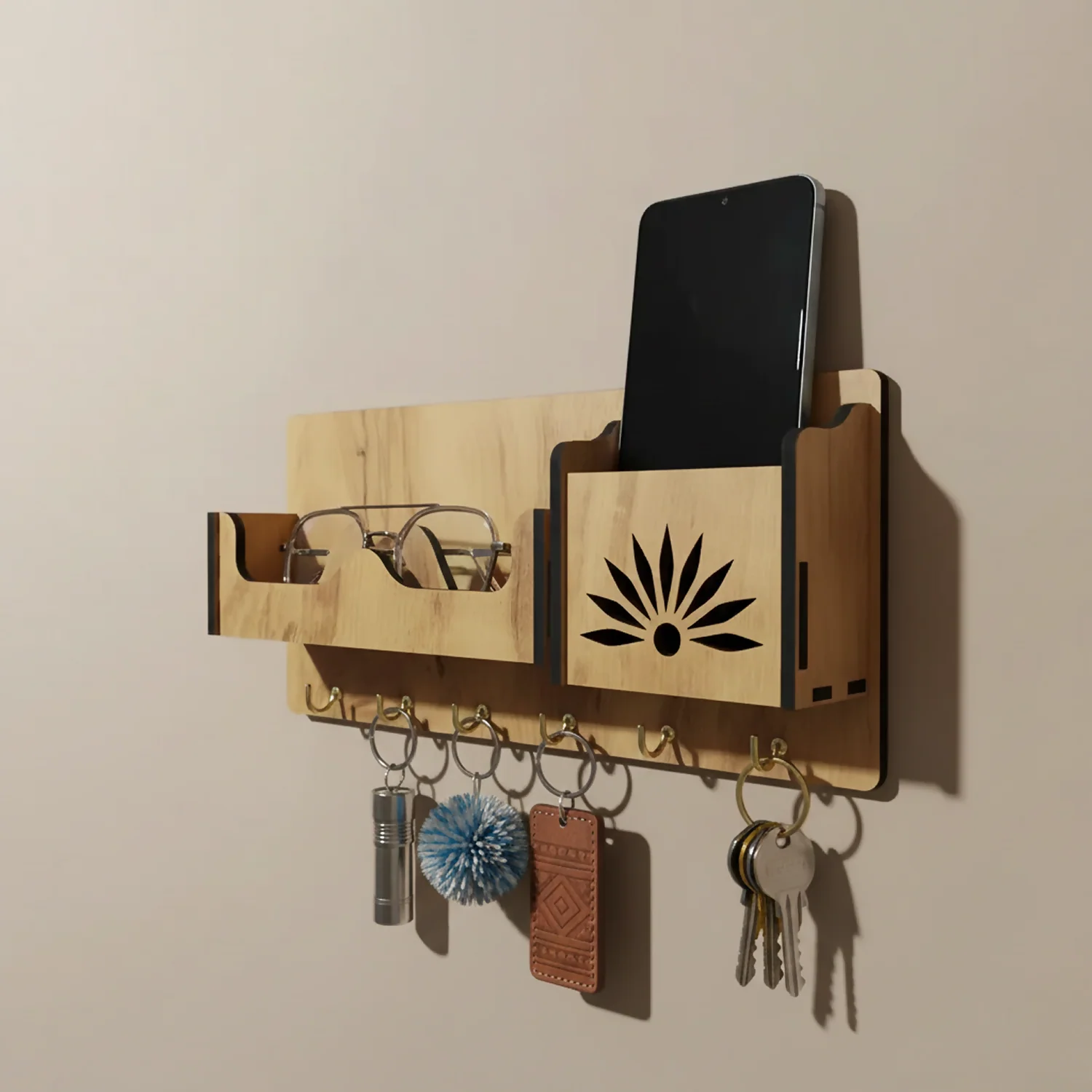 Wooden Wall Mounted Key Holder with Shelf for Mobile, Glasses and Keys - Image 2