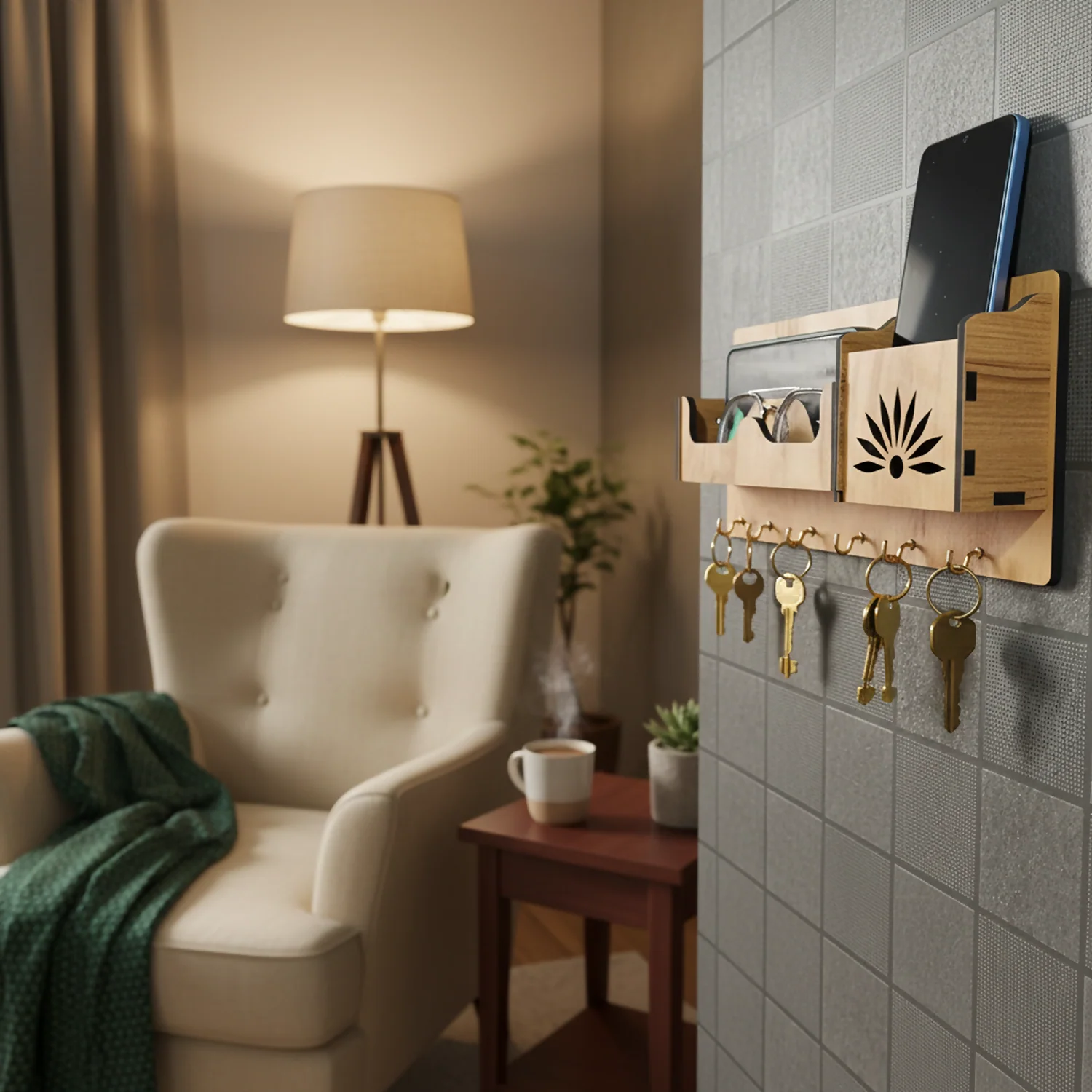 Wooden Wall Mounted Key Holder with Shelf for Mobile, Glasses and Keys - Image 3