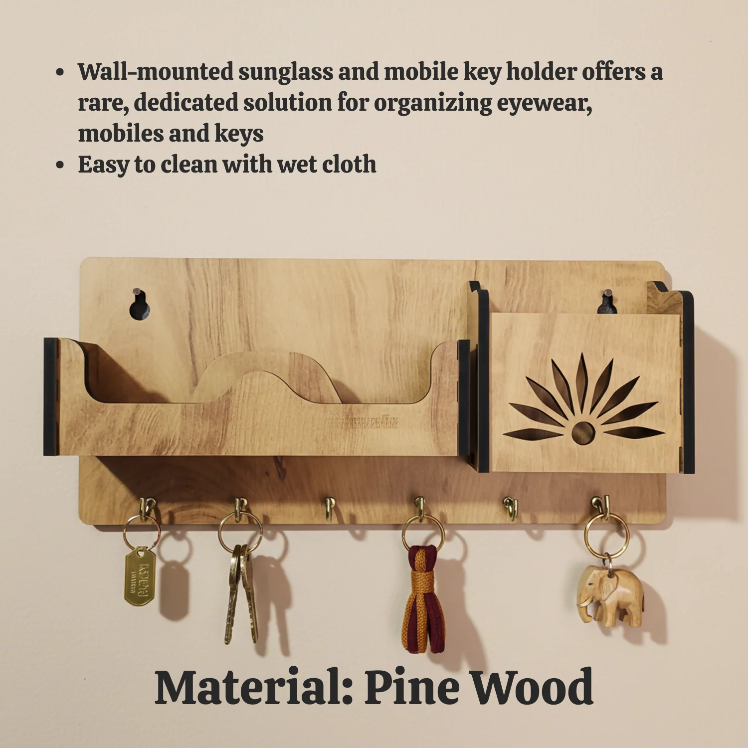 Wooden Wall Mounted Key Holder with Shelf for Mobile, Glasses and Keys - Image 4