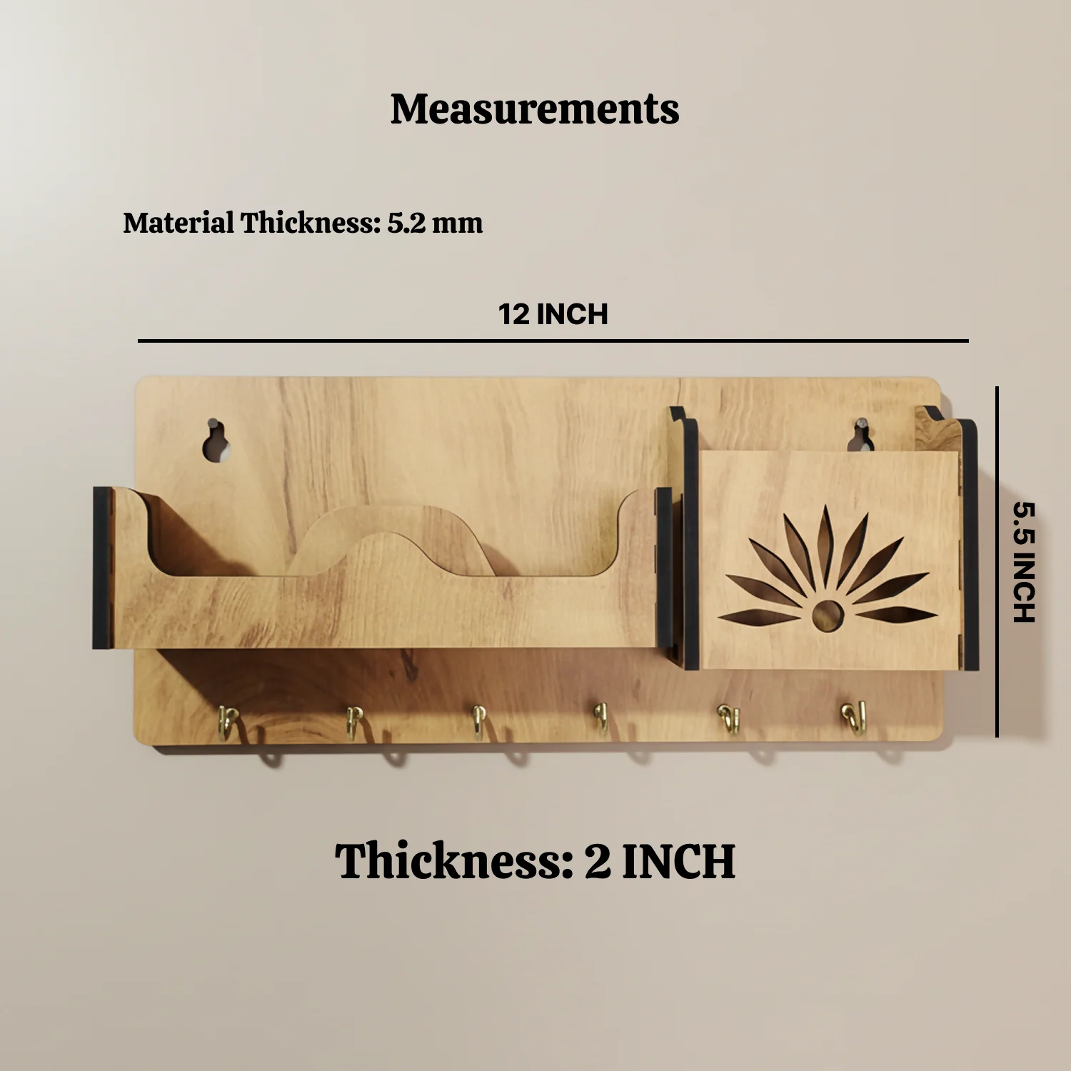 Wooden Wall Mounted Key Holder with Shelf for Mobile, Glasses and Keys - Image 5