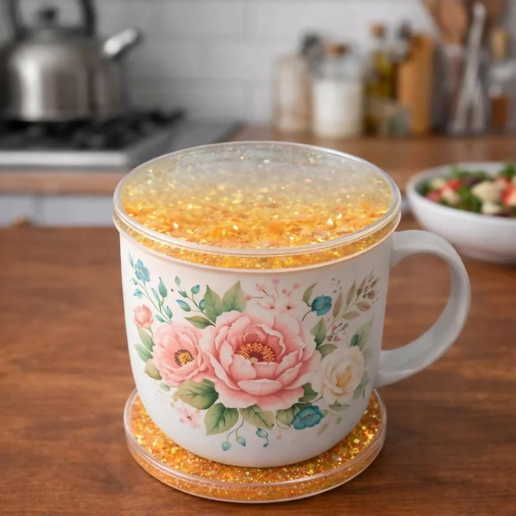 Yellow Glitter Resin Cup Lid and Coaster Set for Mug Cover - Image 2