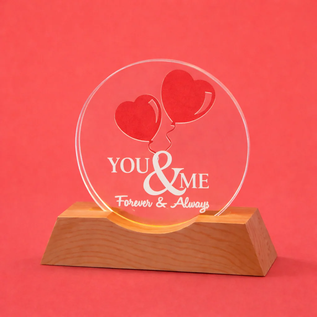 You & Me Forever LED Acrylic Lamp with Wooden Base | Romantic Night Light - Image 3