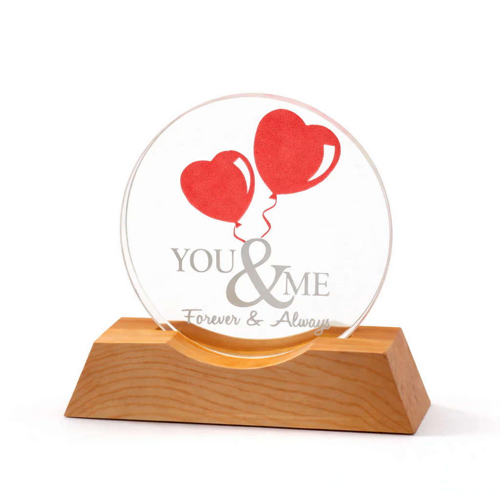 You & Me Forever LED Acrylic Lamp with Wooden Base | Romantic Night Light - Image 4