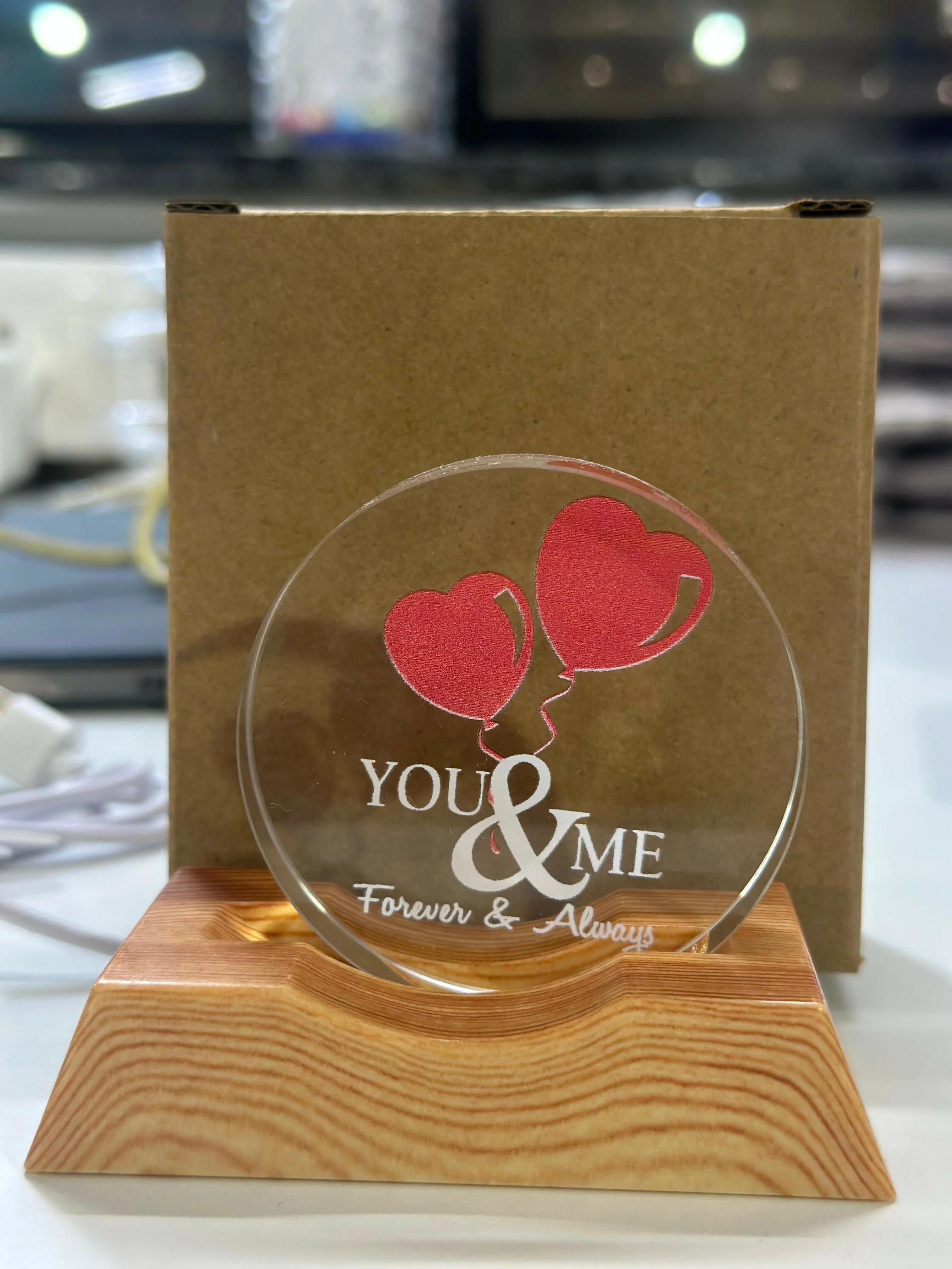 You & Me Forever LED Acrylic Lamp with Wooden Base | Romantic Night Light - Image 6