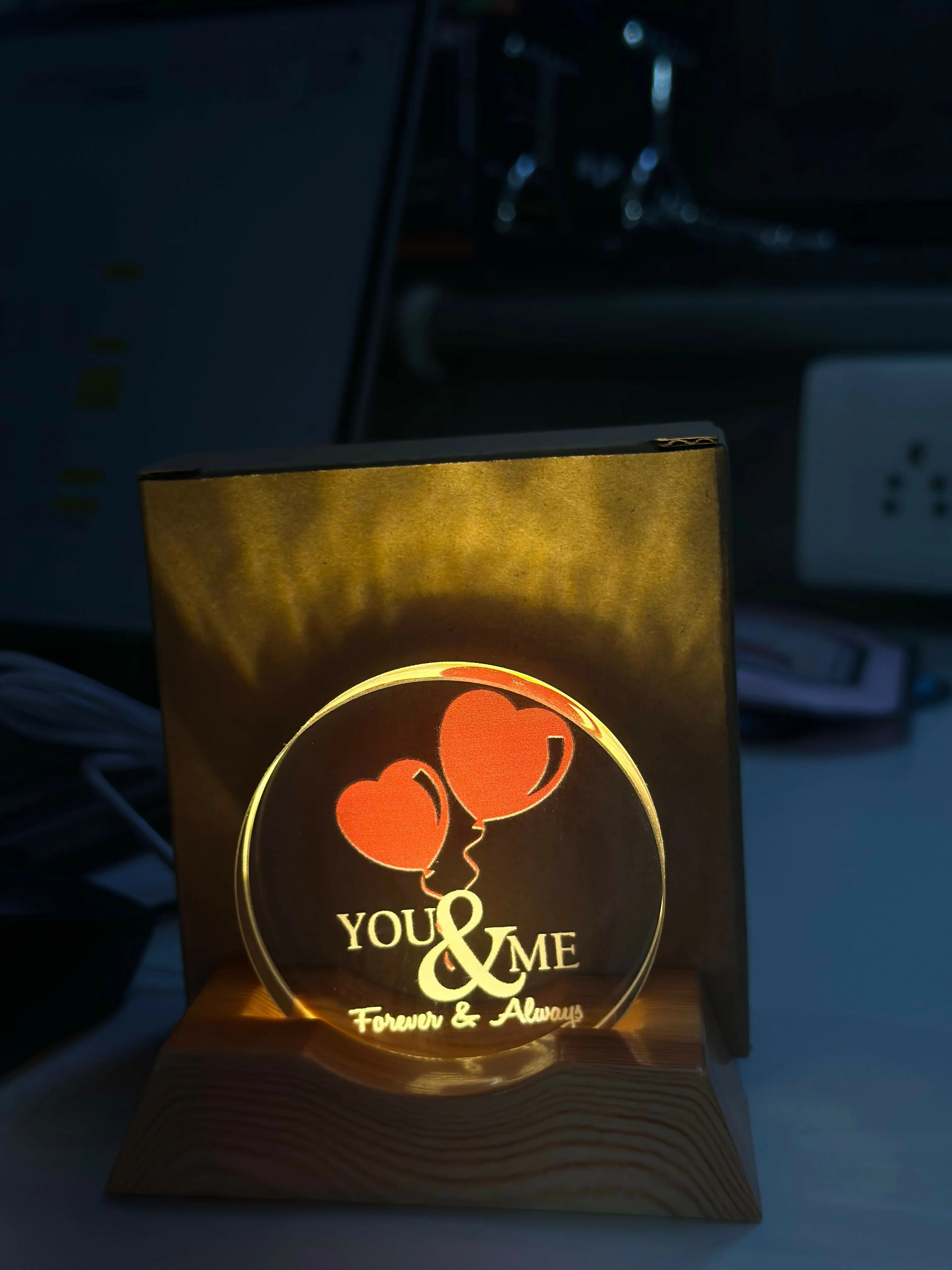 You & Me Forever LED Acrylic Lamp with Wooden Base | Romantic Night Light - Image 7