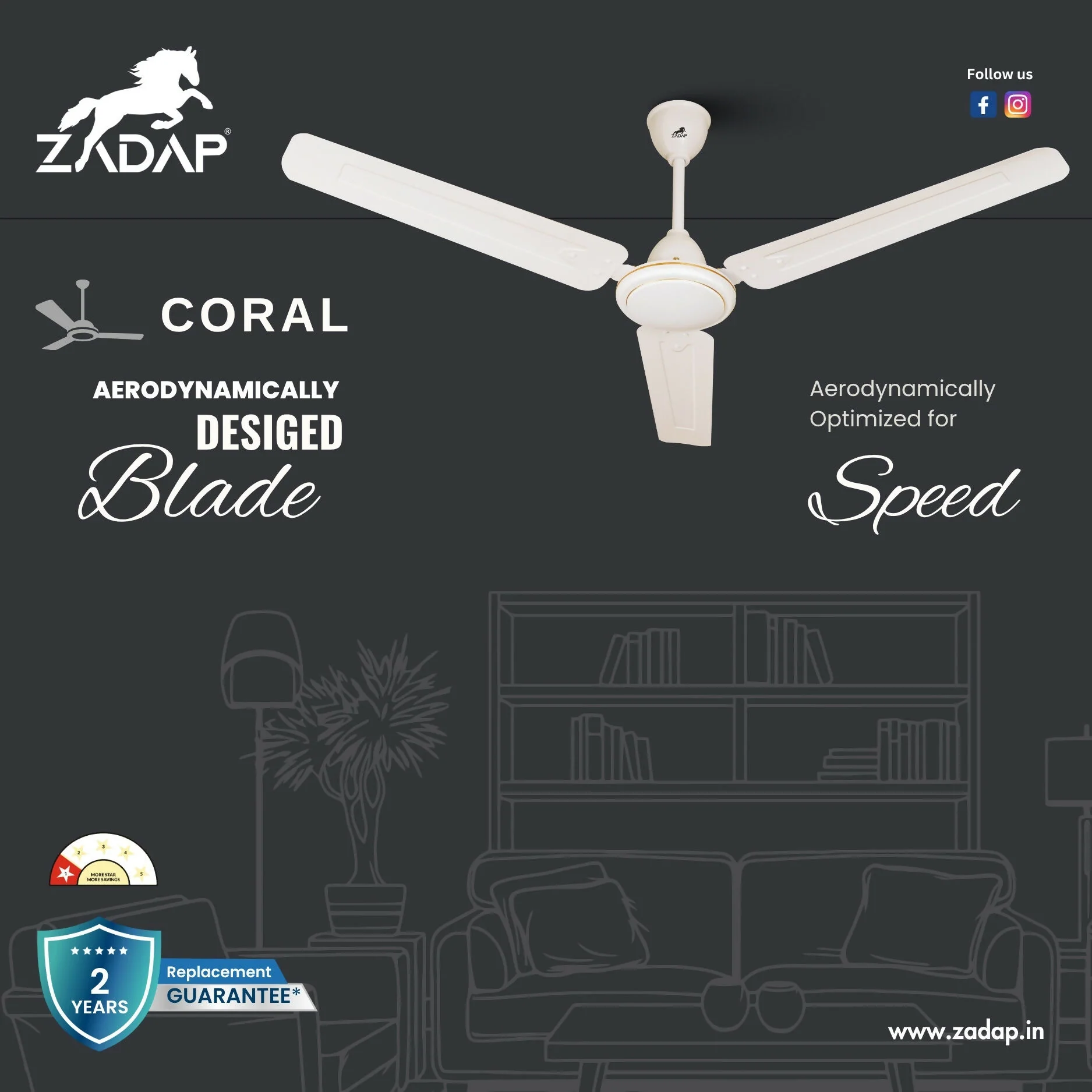 Zadap 1200mm 52W High Speed Ceiling Fan(Ivory) - Image 4