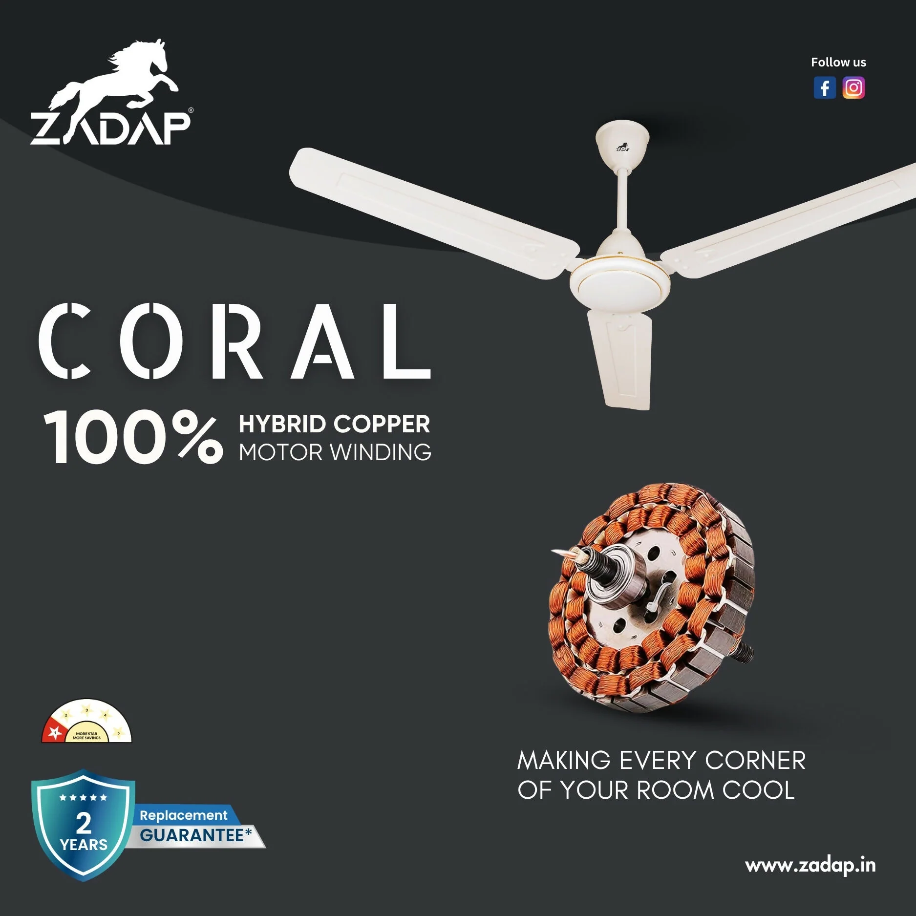 Zadap 1200mm 52W High Speed Ceiling Fan(Ivory) - Image 6