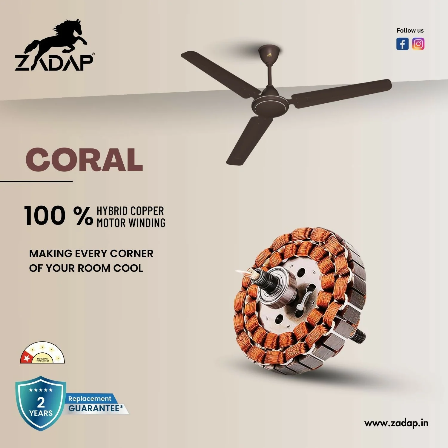 Zadap 1200mm 52W High Speed Ceiling Fan(Smoke Brown) - Image 6