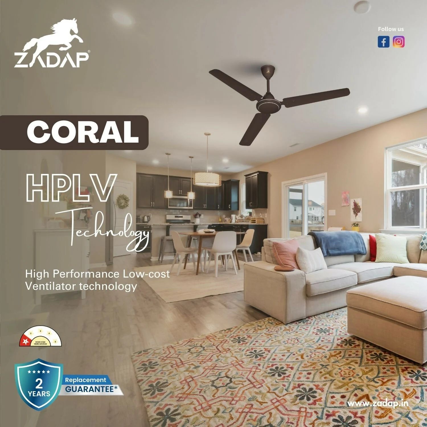 Zadap 1200mm 52W High Speed Ceiling Fan(Smoke Brown) - Image 7