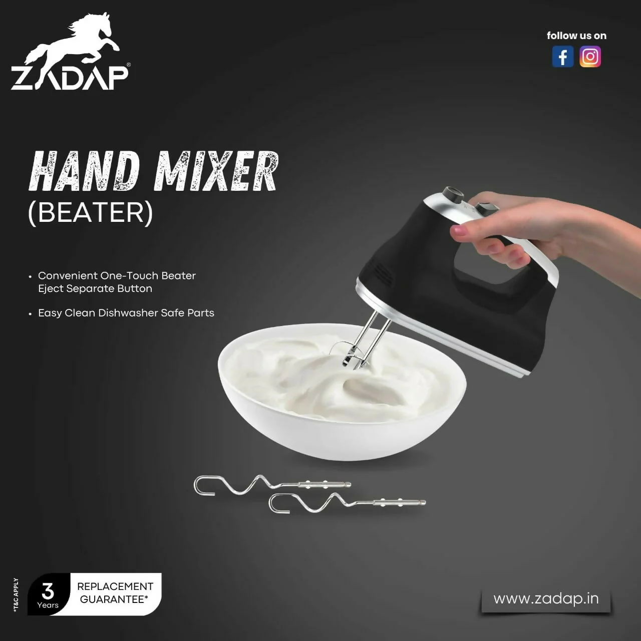ZADAP 300W Electric Hand Mixer Beater with Dough Hooks & Stainless Steel Whisks for Cake, Cream & Baking - Image 2