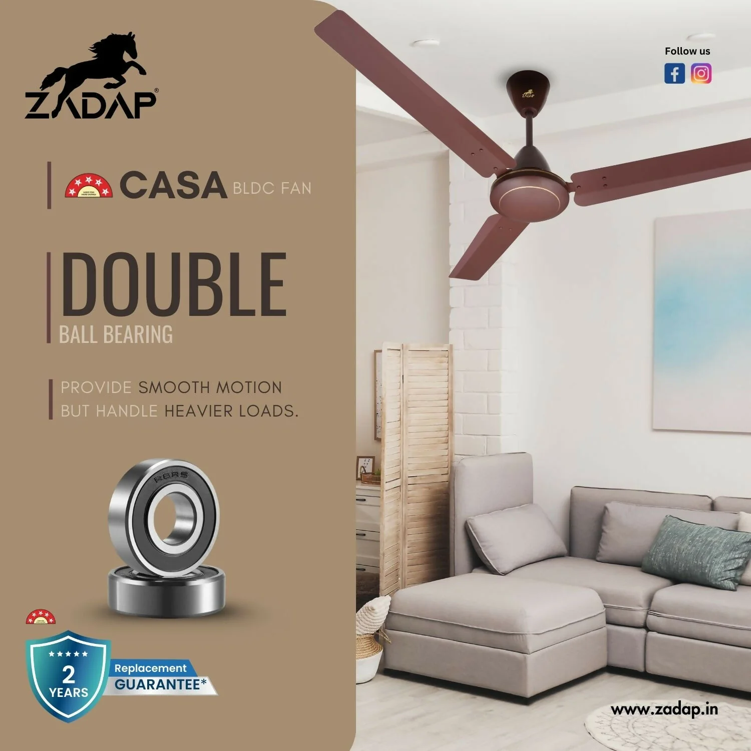 Zadap Casa 1200mm 5-Star BLDC High Speed Fan (Matt Brown) - Image 6
