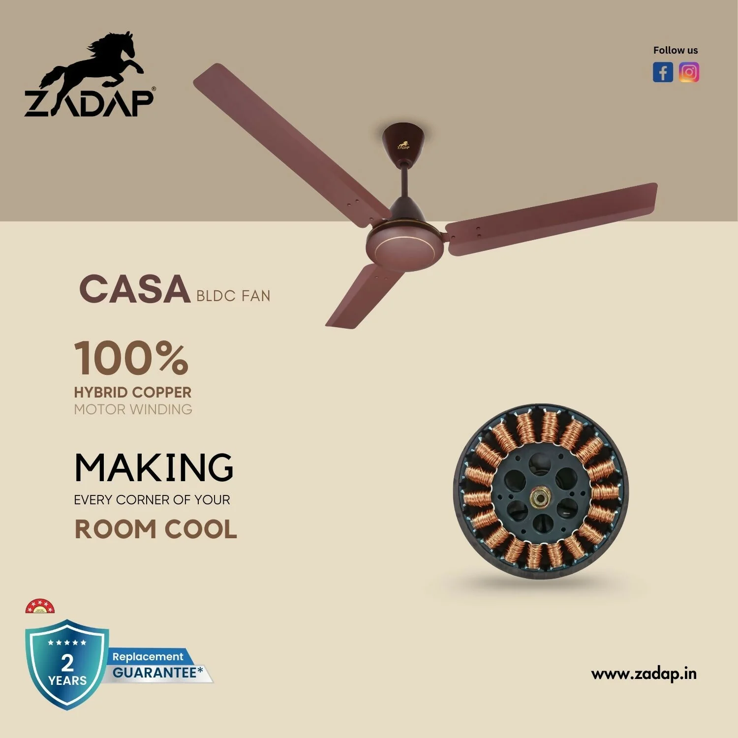 Zadap Casa 1200mm 5-Star BLDC High Speed Fan (Matt Brown) - Image 7