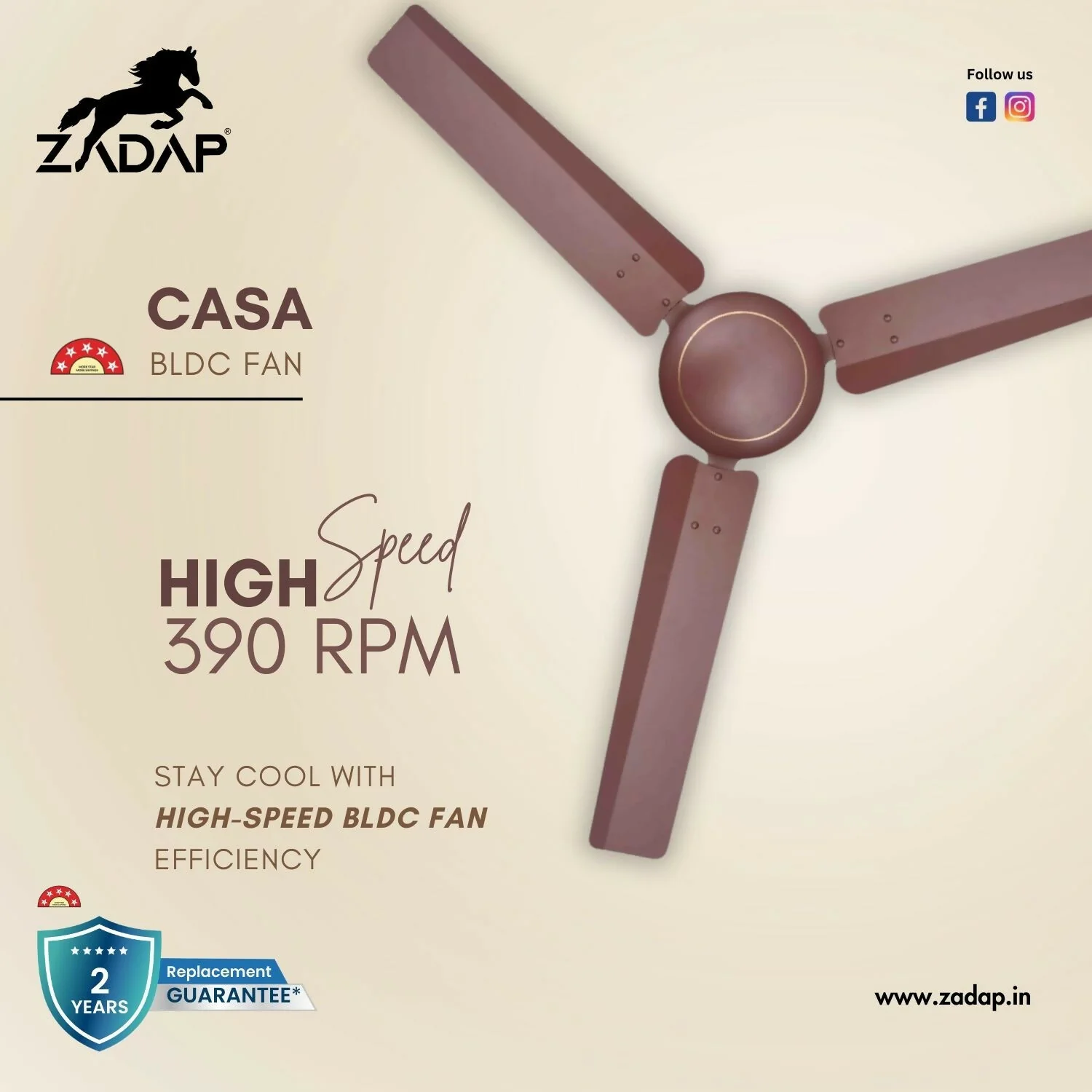 Zadap Casa 1200mm 5-Star BLDC High Speed Fan (Matt Brown) - Image 8