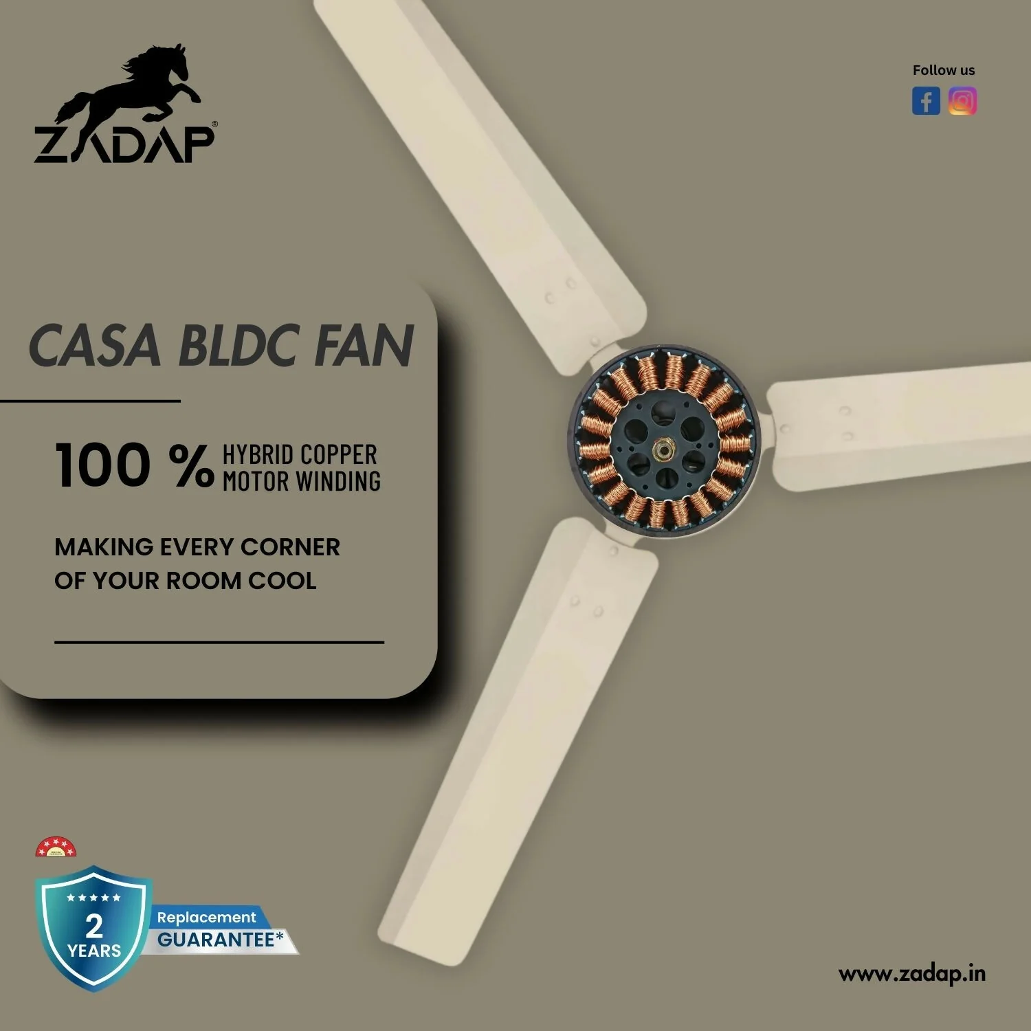 Zadap Casa 1200mm 5-Star BLDC High Speed Fan(Ivory) - Image 8