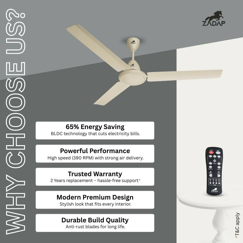 ZADAP CASA-Pro 1200mm BLDC Ceiling Fan with Remote | 28W Energy Saving | High Speed 390 RPM (Ivory) - Image 6