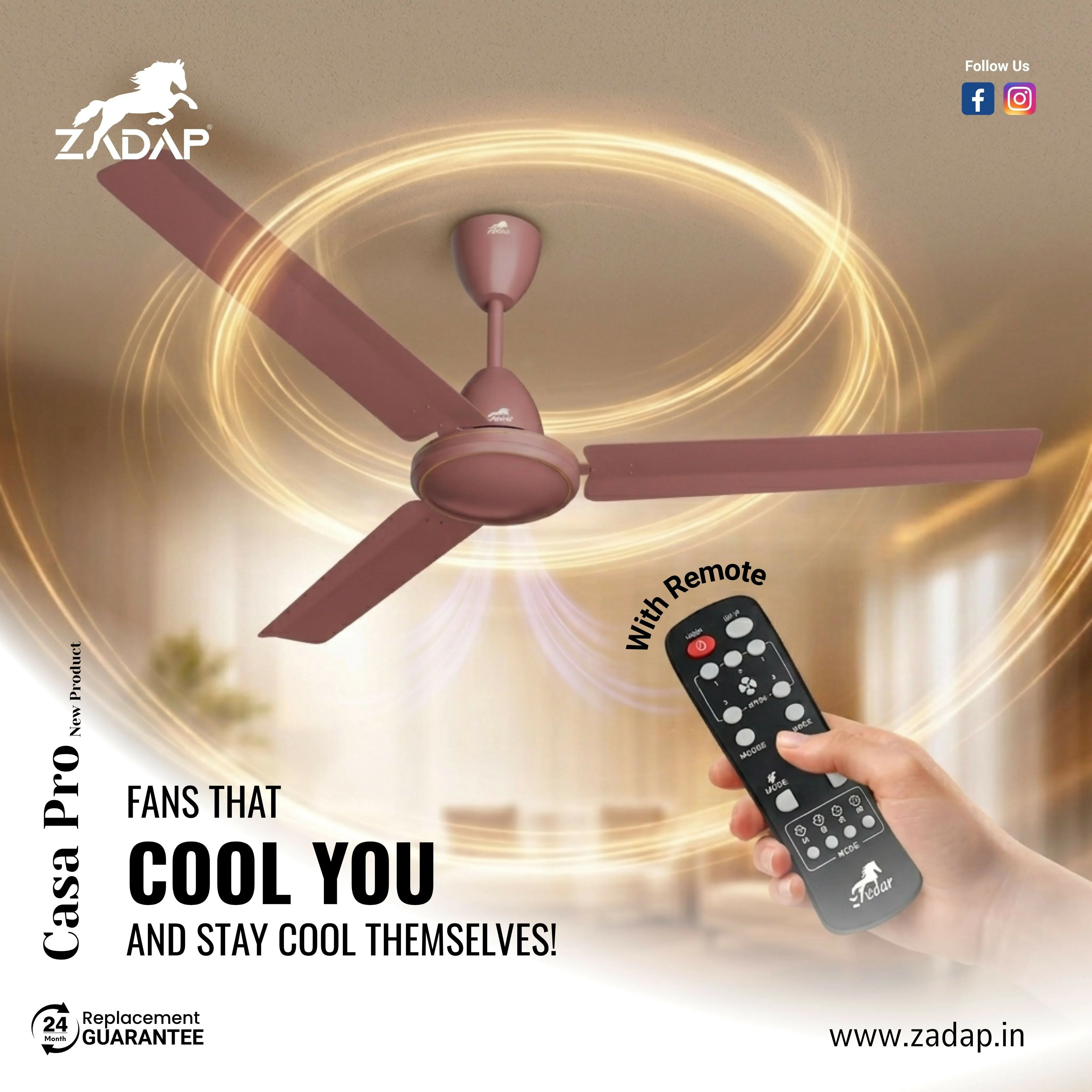 ZADAP CASA-Pro 1200mm BLDC Ceiling Fan with Remote | 28W Energy Saving | High Speed 390 RPM (Matt Brown) - Image 2