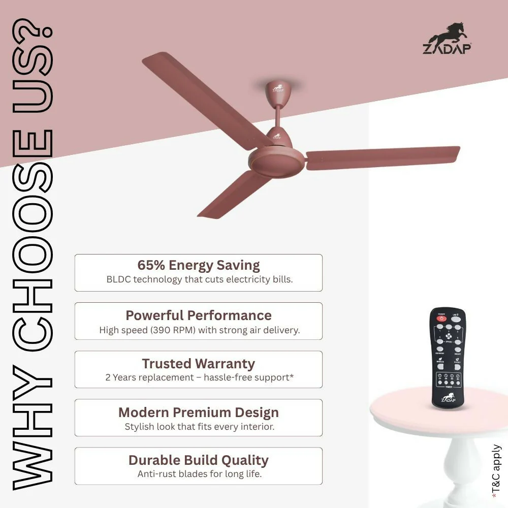 ZADAP CASA-Pro 1200mm BLDC Ceiling Fan with Remote | 28W Energy Saving | High Speed 390 RPM (Matt Brown) - Image 7
