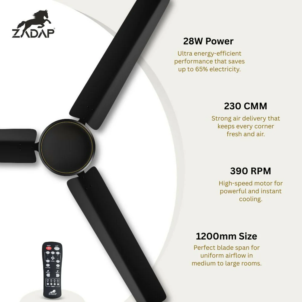 ZADAP CASA-Pro 1200mm BLDC Ceiling Fan with Remote | 28W Energy Saving | High Speed 390 RPM (Smoke Brown) - Image 6