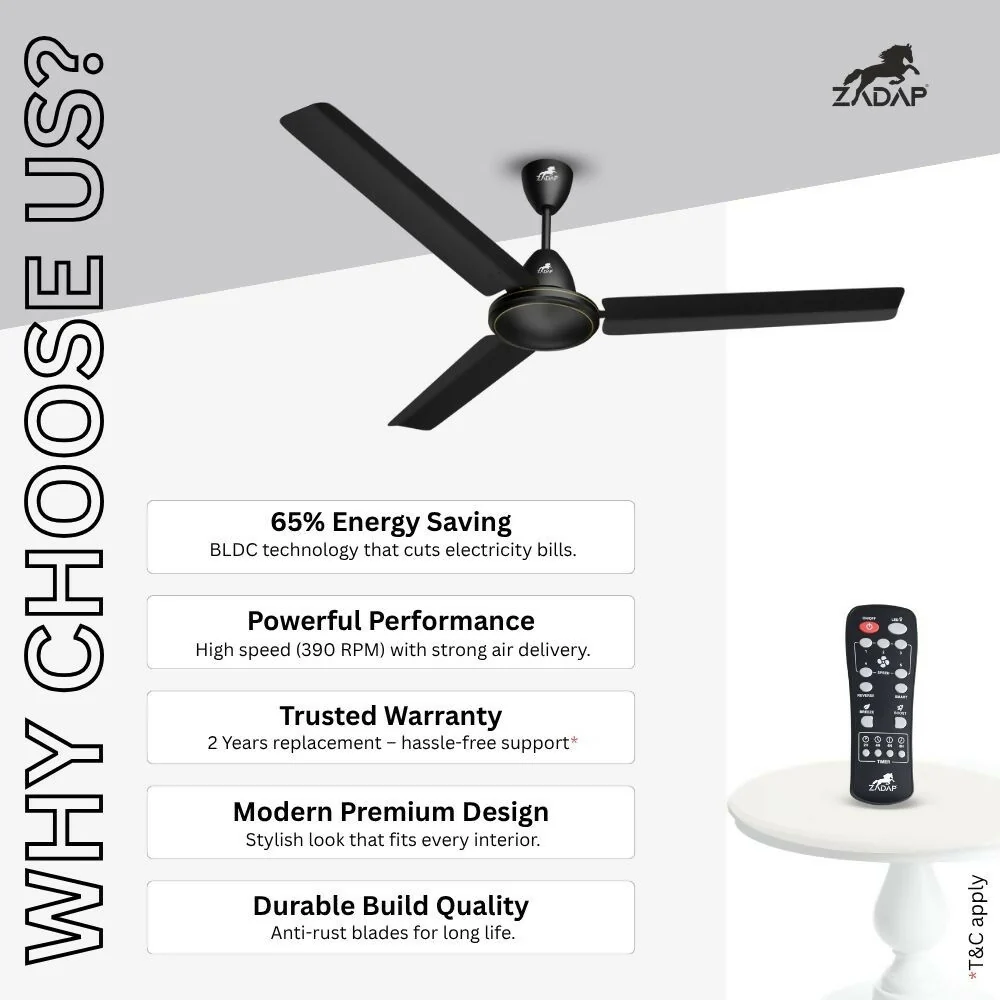 ZADAP CASA-Pro 1200mm BLDC Ceiling Fan with Remote | 28W Energy Saving | High Speed 390 RPM (Smoke Brown) - Image 7