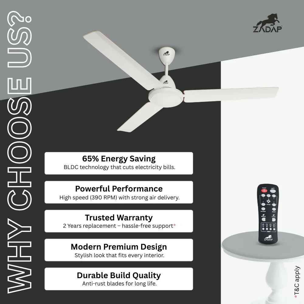 ZADAP CASA-Pro 1200mm BLDC Ceiling Fan with Remote | 28W Energy Saving | High Speed 390 RPM (White) - Image 6