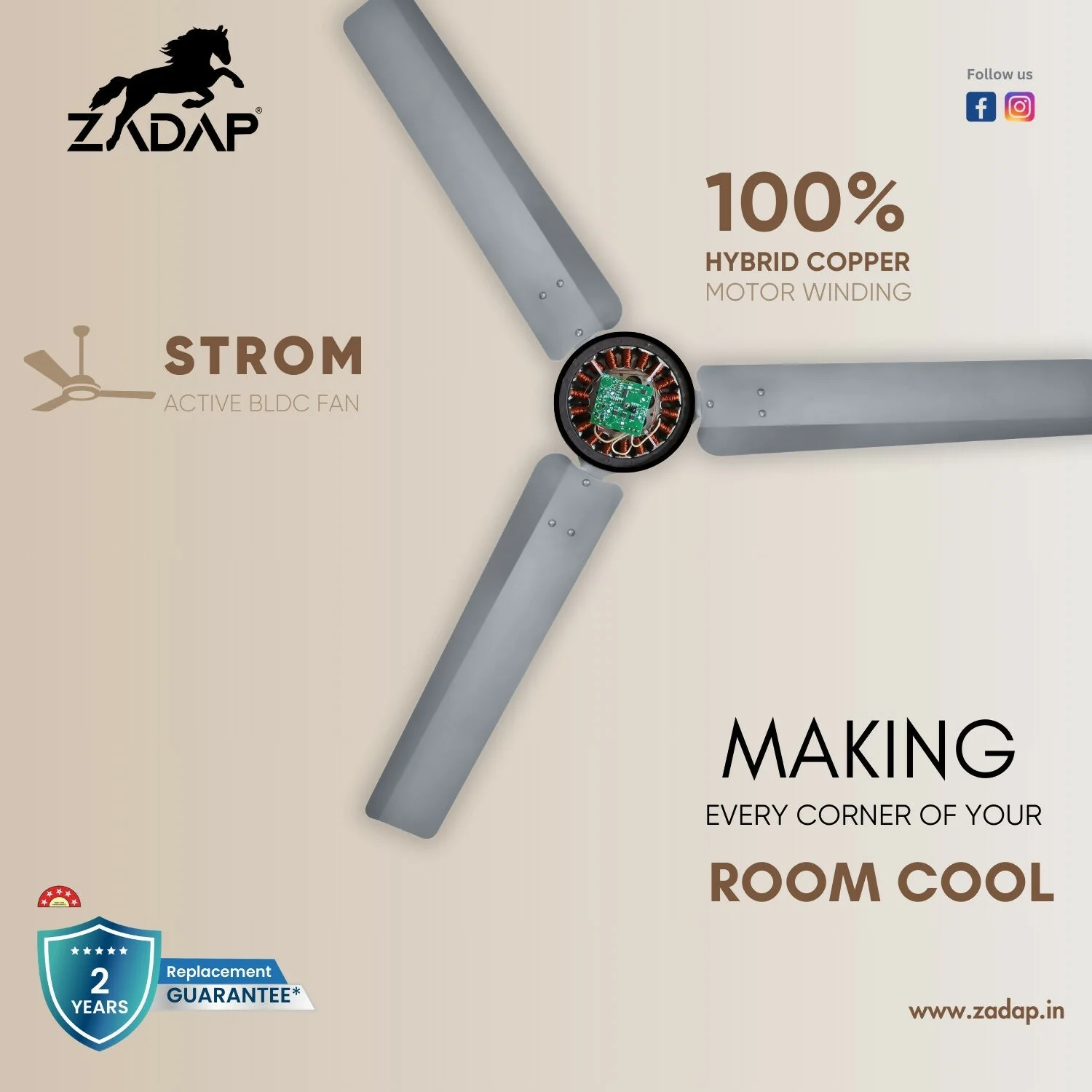 Zadap STROM 1200mm High Speed BLDC Ceiling Fan with Remote(Gray) - Image 8