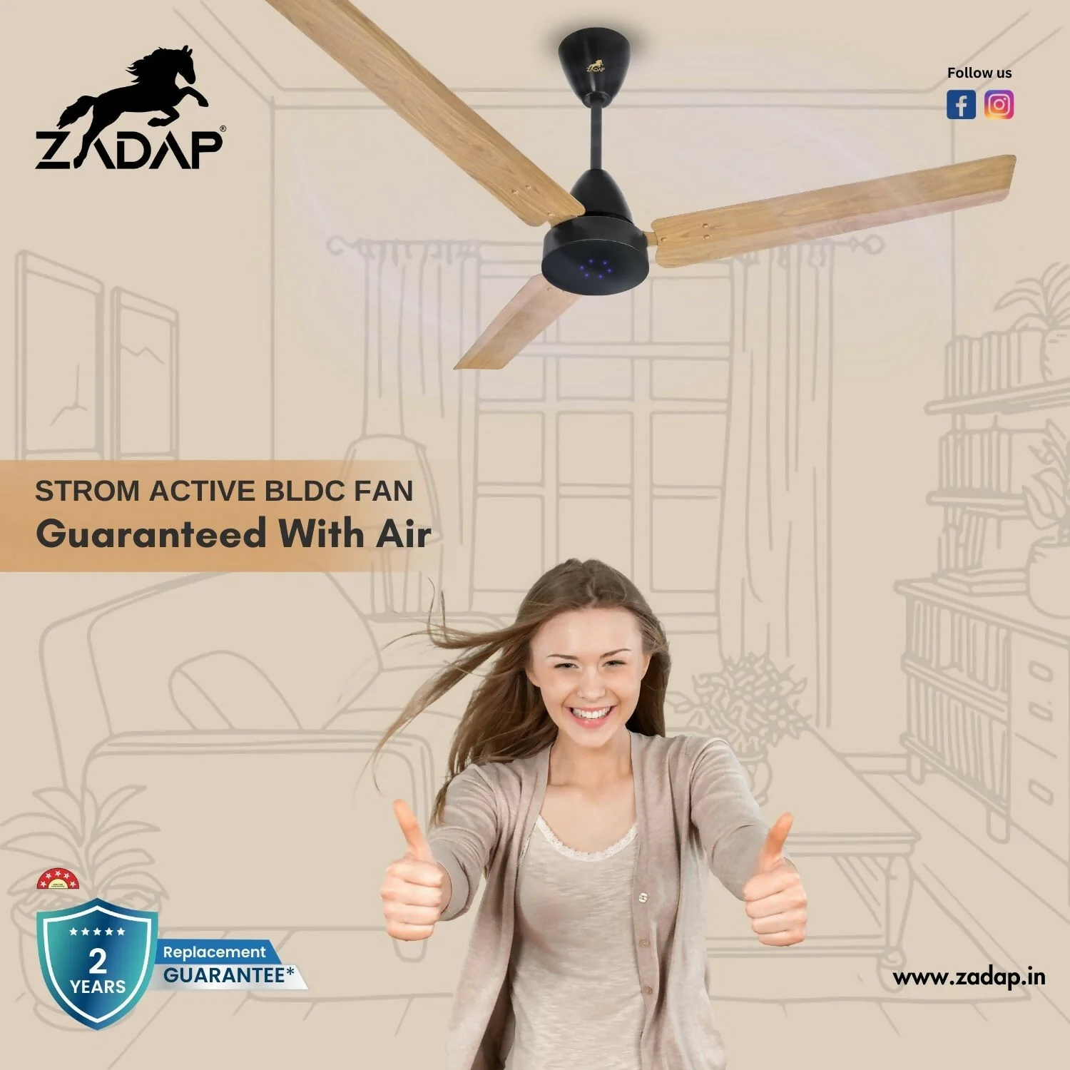 Zadap STROM 1200mm High Speed BLDC Ceiling Fan with Remote(Light Wooden) - Image 2