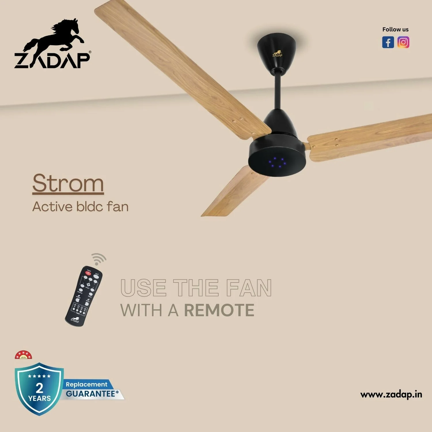Zadap STROM 900mm High Speed BLDC Ceiling Fan with Remote(Light Wooden) - Image 3