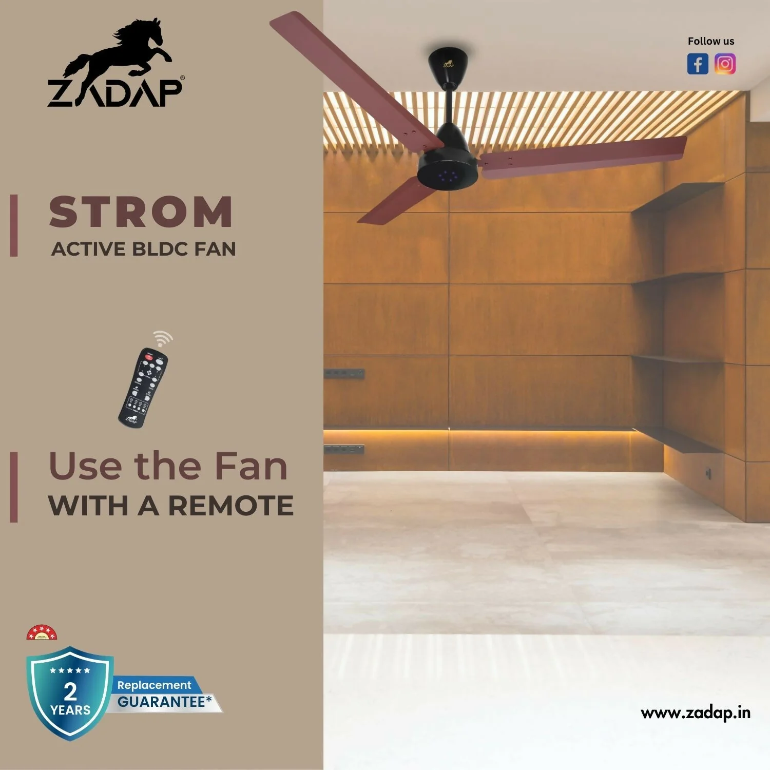 Zadap STROM 1200mm High Speed BLDC Ceiling Fan with Remote(Matt Brown) - Image 3