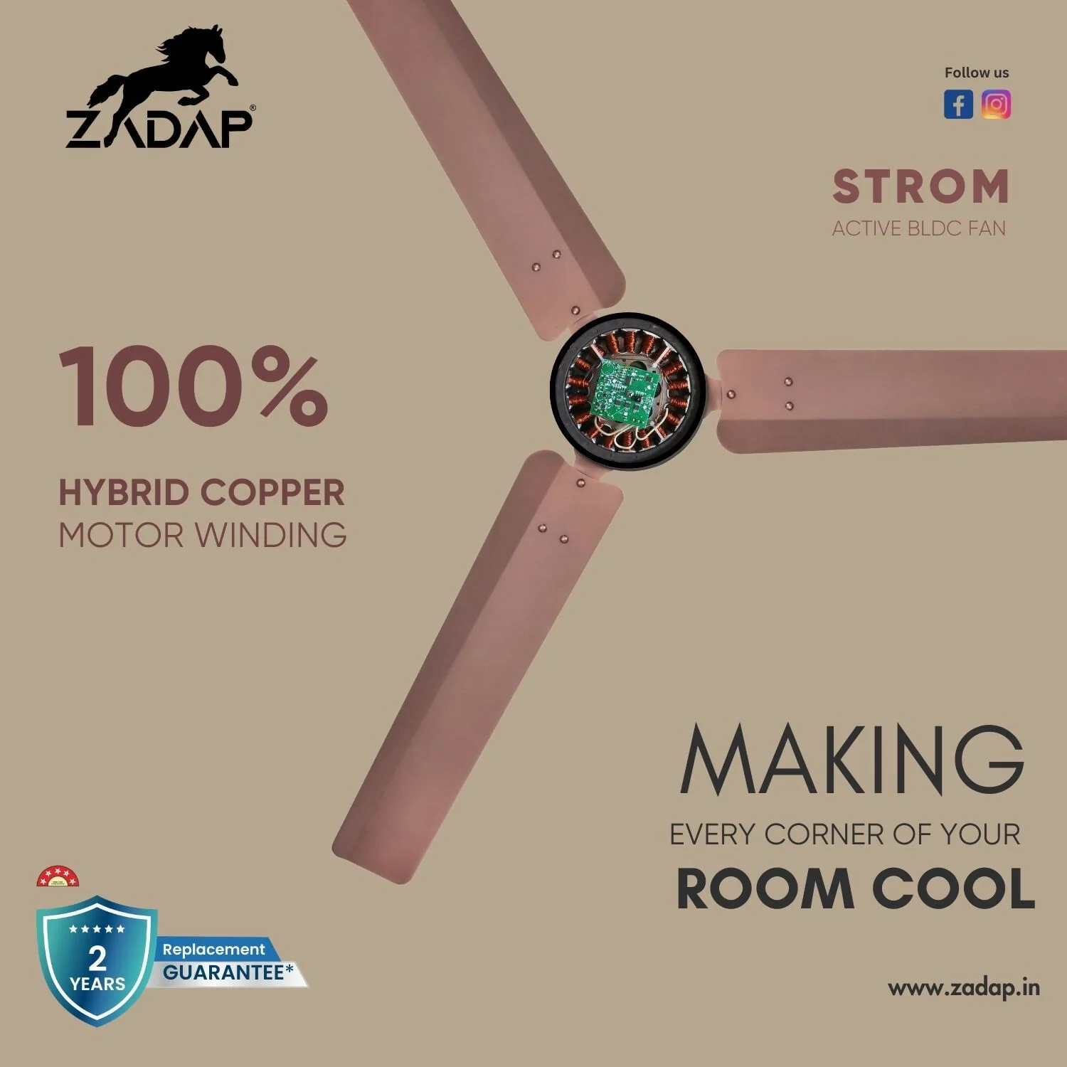Zadap STROM 1200mm High Speed BLDC Ceiling Fan with Remote(Red Copper) - Image 8