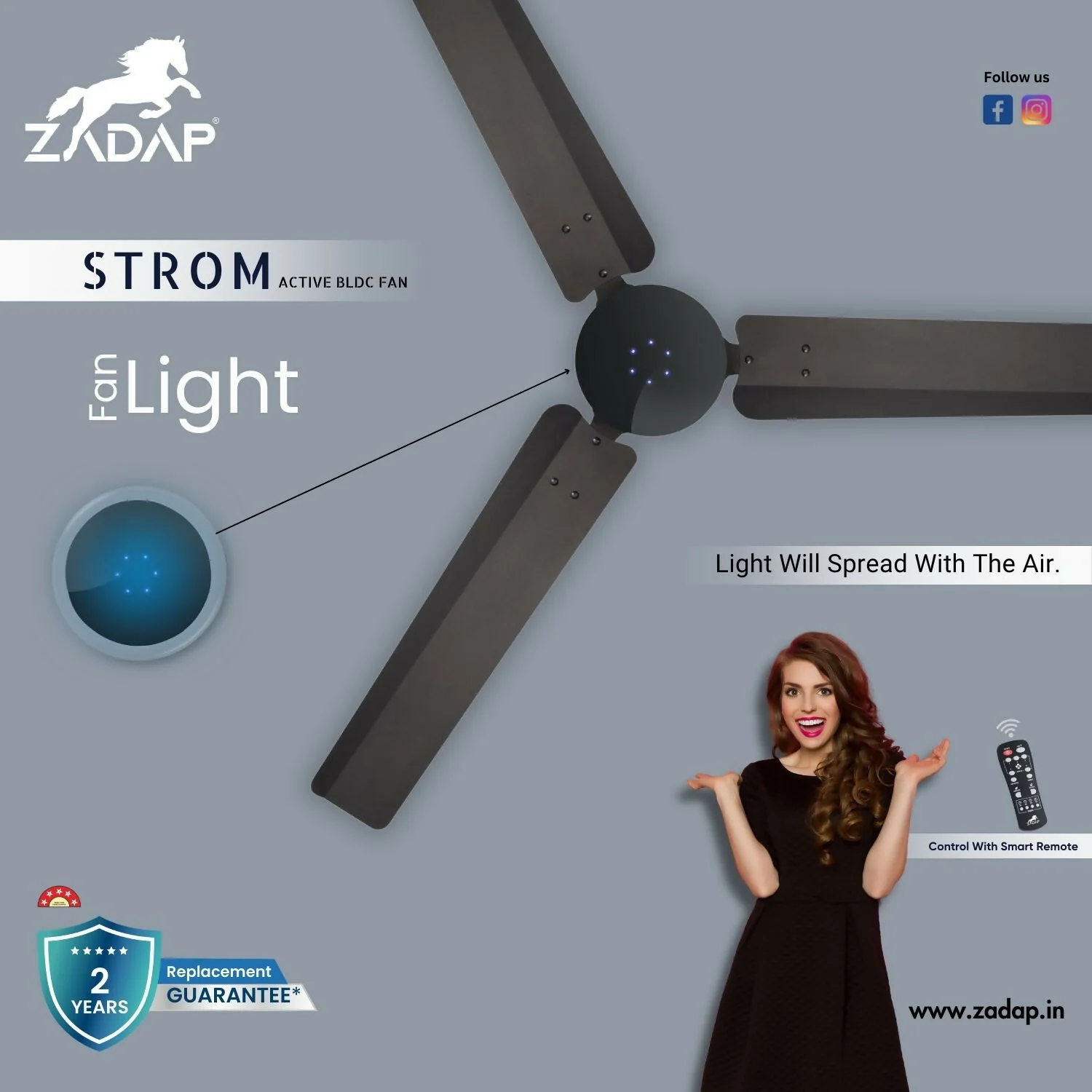 Zadap STROM 900mm High Speed BLDC Ceiling Fan with Remote(Smoke Brown) - Image 6