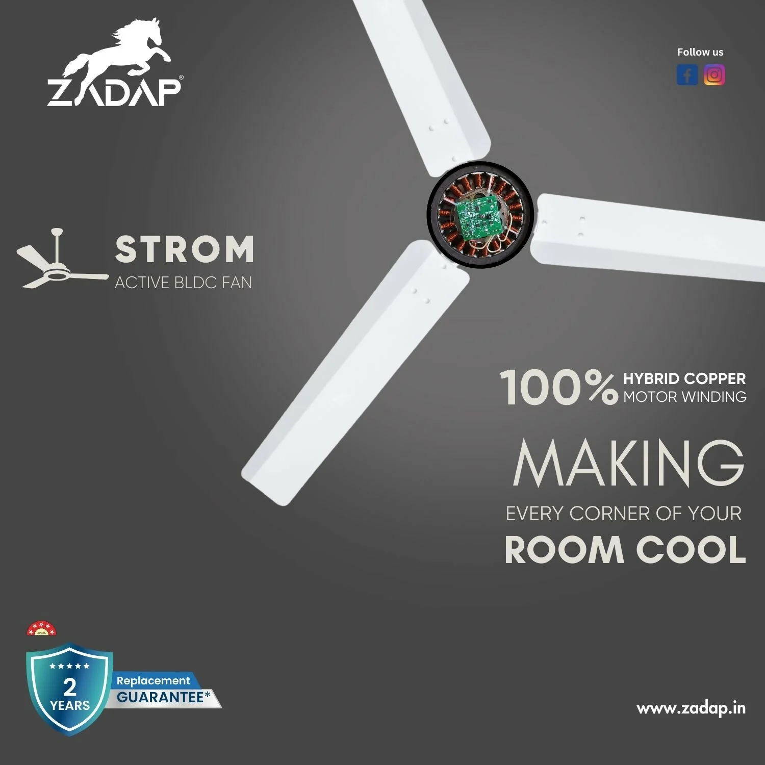 Zadap STROM 1200mm High Speed BLDC Ceiling Fan with Remote(White) - Image 8