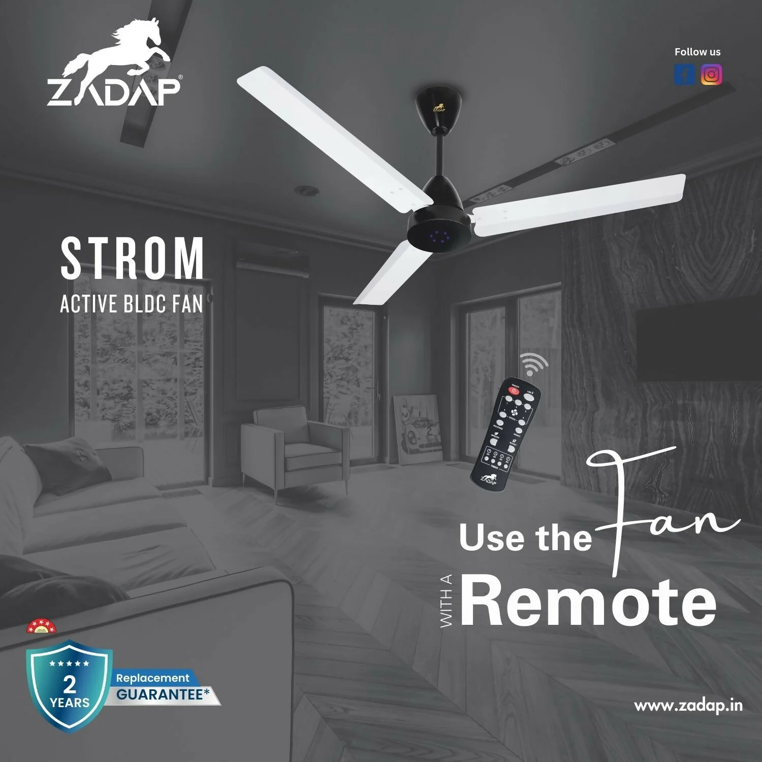 Zadap STROM 900mm High Speed BLDC Ceiling Fan with Remote(White) - Image 3
