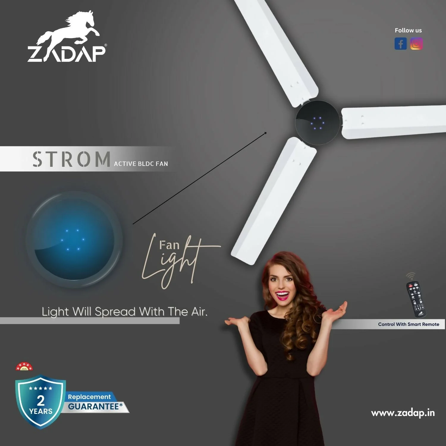 Zadap STROM 900mm High Speed BLDC Ceiling Fan with Remote(White) - Image 6