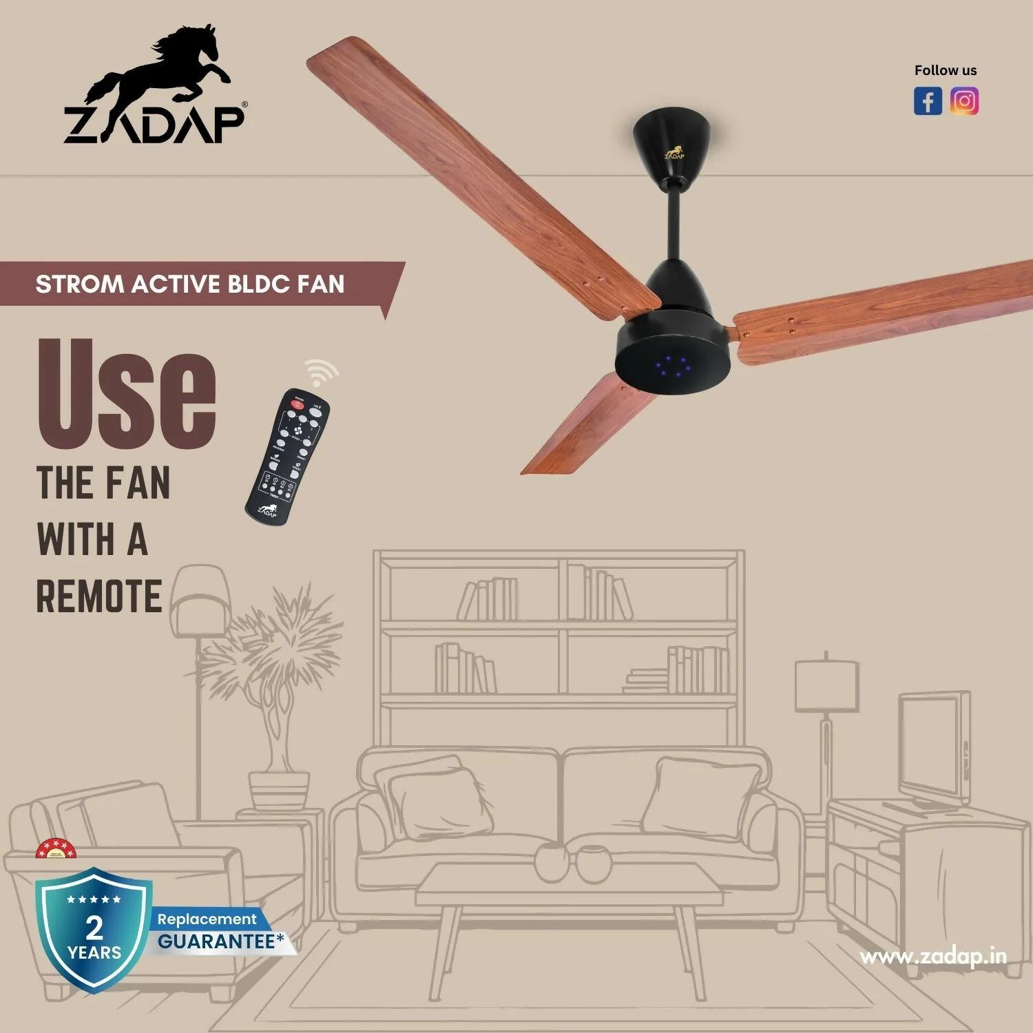 Zadap STROM 1200mm High Speed BLDC Ceiling Fan with Remote(Wooden) - Image 3