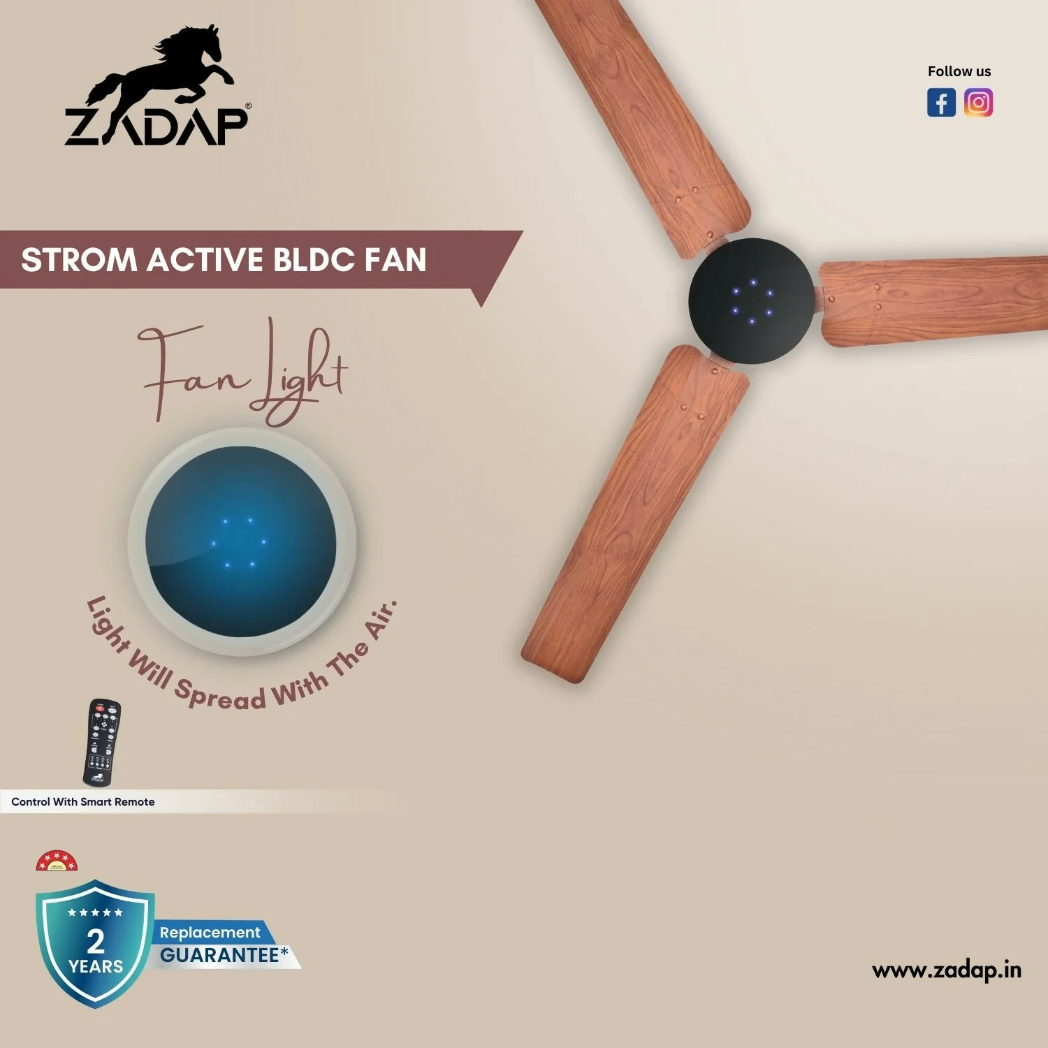 Zadap STROM 900mm High Speed BLDC Ceiling Fan with Remote(Wooden) - Image 6