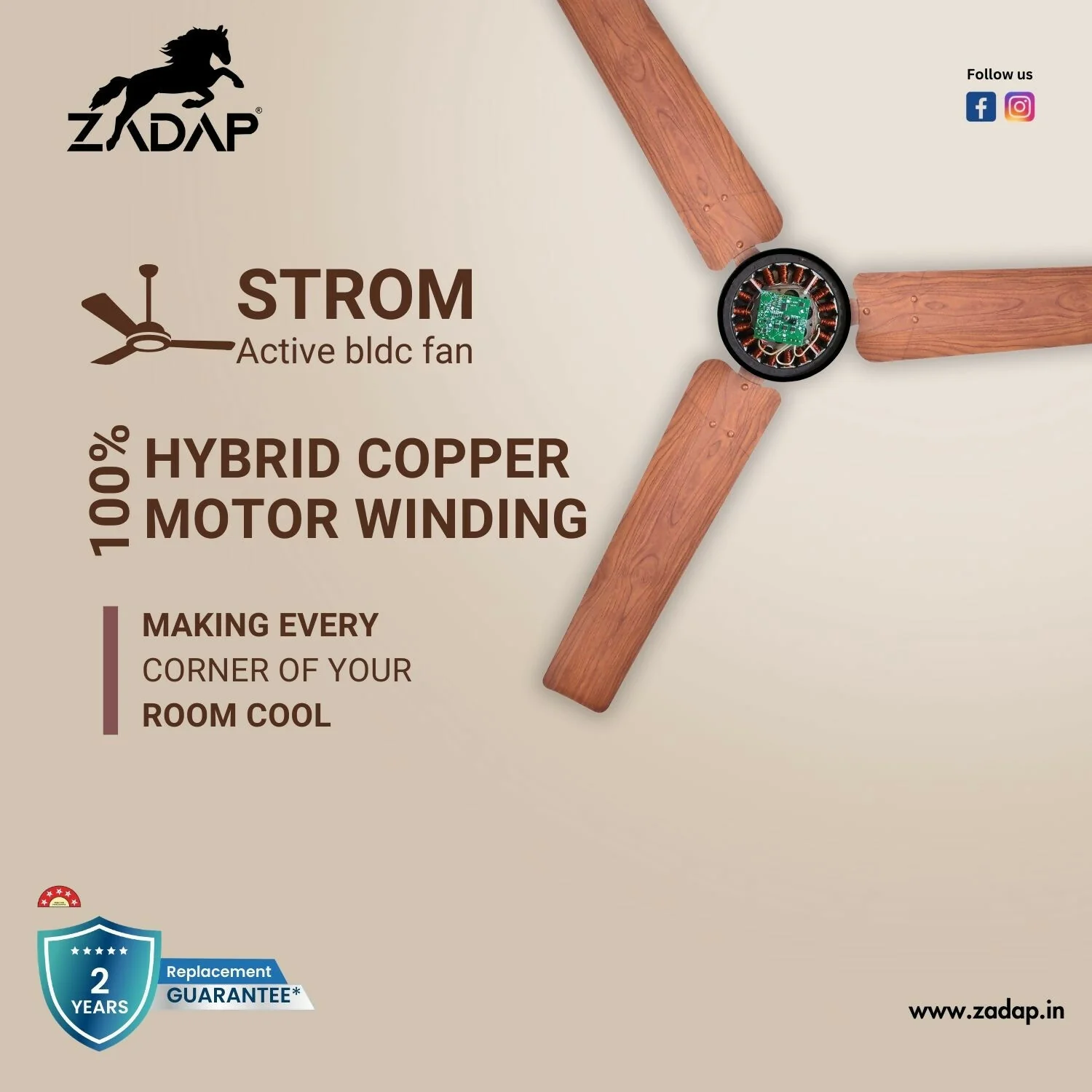 Zadap STROM 900mm High Speed BLDC Ceiling Fan with Remote(Wooden) - Image 8