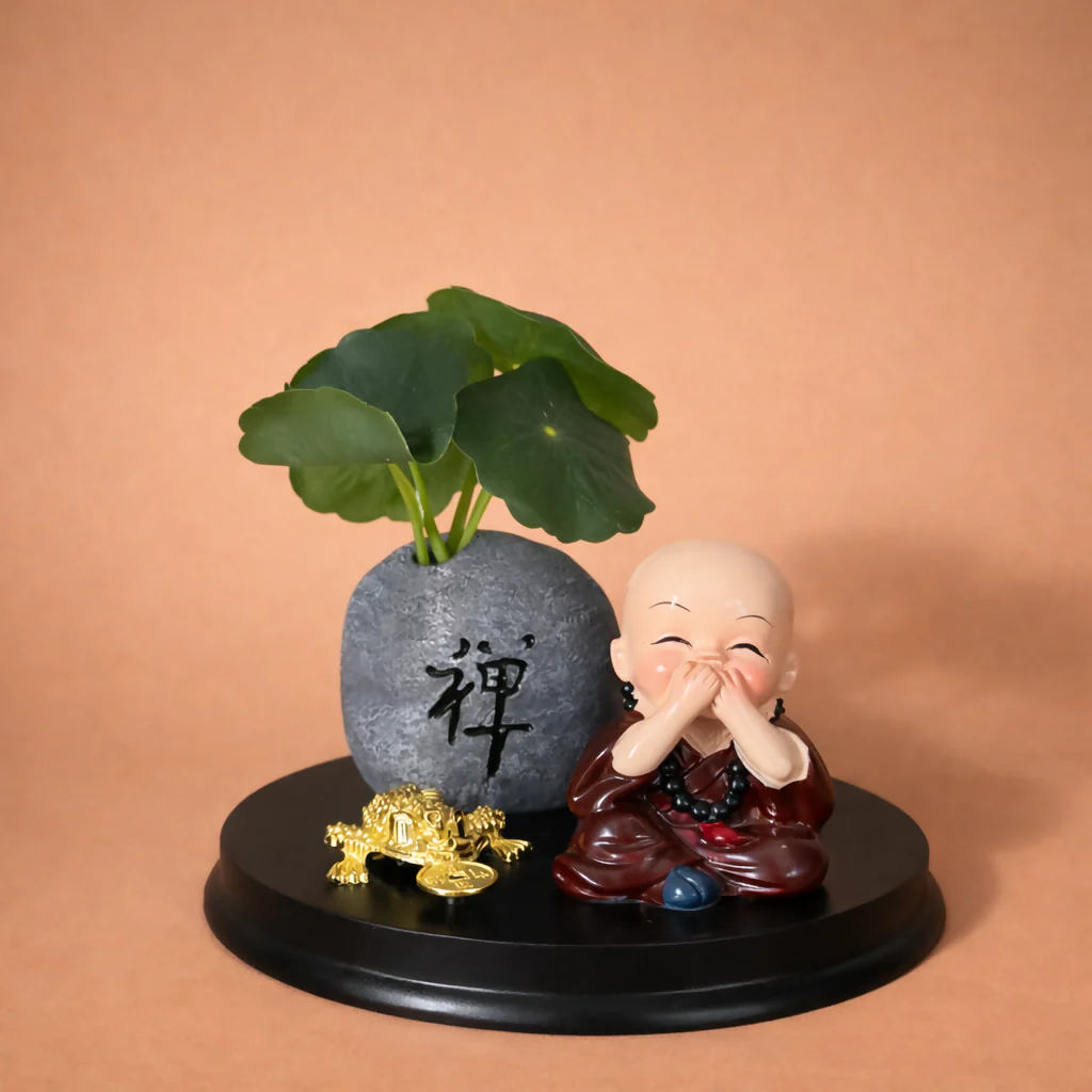 Zen Monk Showpiece with Lucky Money Frog & Mini Planter — Home & Office Decor(ANY COLOR) - Image 2