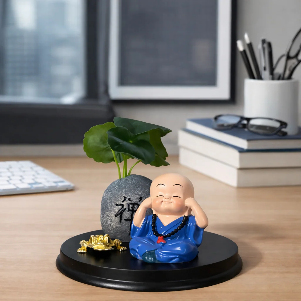 Zen Monk Showpiece with Lucky Money Frog & Mini Planter — Home & Office Decor(ANY COLOR) - Image 5