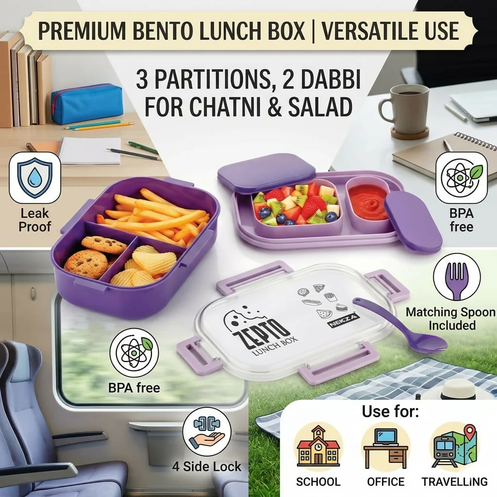 ZEPTO Premium 3-Compartment Bento Lunch Box with Leak-Proof Containers & Spoon - Image 2