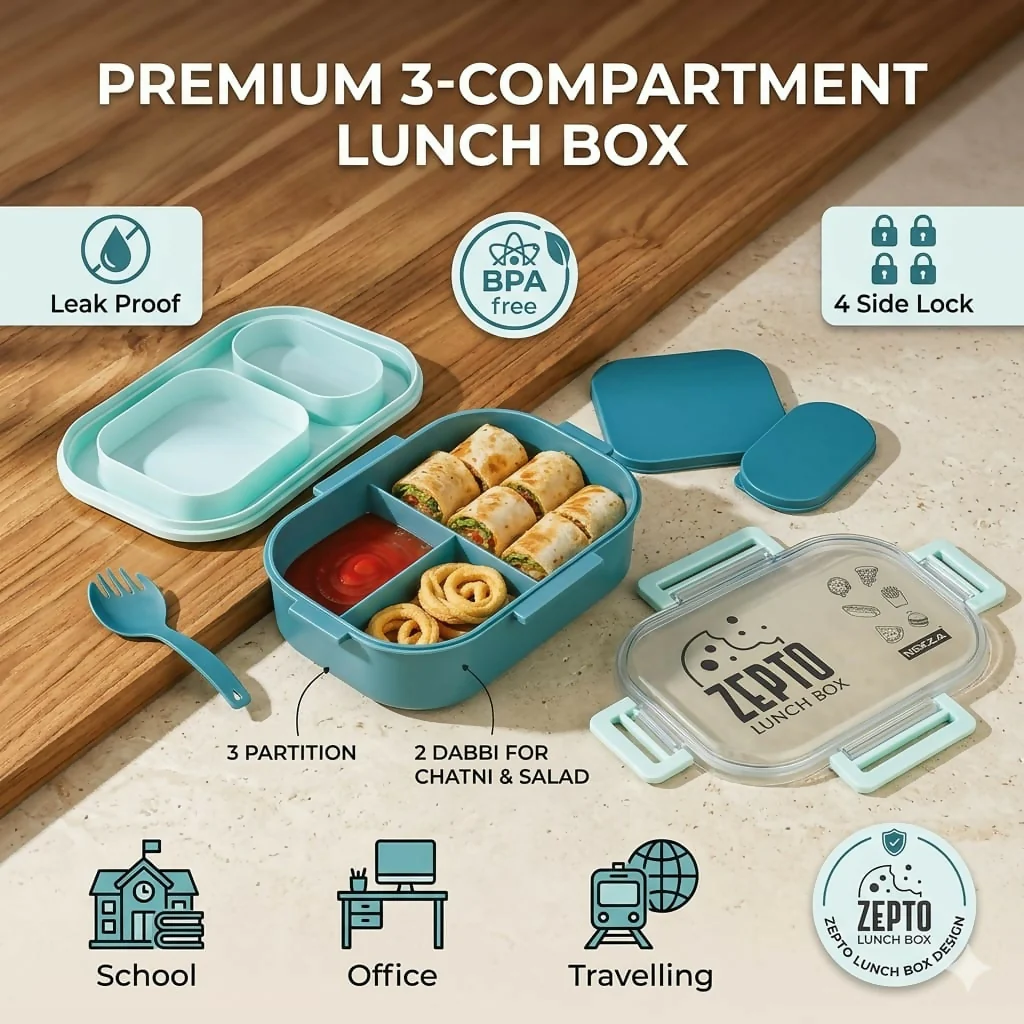 ZEPTO Premium 3-Compartment Bento Lunch Box with Leak-Proof Containers & Spoon - Image 4