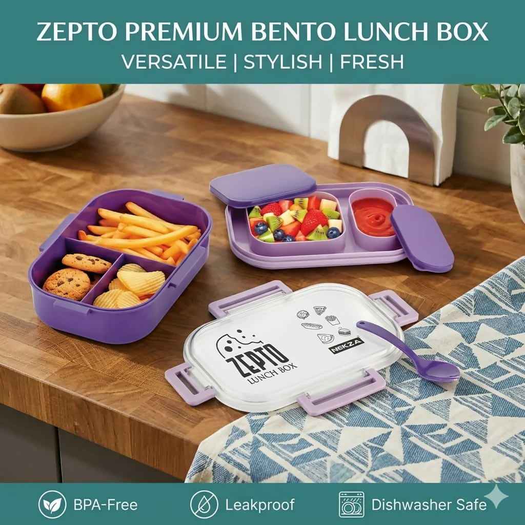 ZEPTO Premium 3-Compartment Bento Lunch Box with Leak-Proof Containers & Spoon - Image 6
